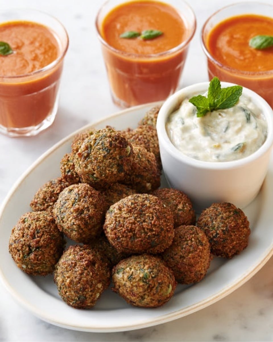 The image shows a white oval plate filled with about ten round falafel balls, which are brown with visible green herb specks and a rough texture. Next to the falafel is a small white cup filled with a white, creamy sauce garnished with a fresh mint leaf. Around the plate, there are small clear glasses filled with an orange-red liquid, topped with a green herb leaf. The setting is on a white marbled surface with white napkins decorated with red and blue stripes partly visible under the plate. photo taken with an iphone --ar 4:5 --v 7