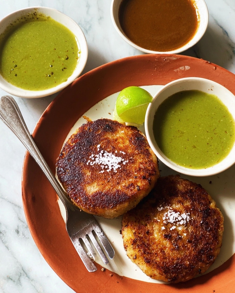 The image shows two round, golden-brown fried patties with a crispy texture on top, placed on a white plate with floral designs around the edge. There are some coarse salt flakes sprinkled on the patties and a bright green lime wedge near them. The background is a white marbled surface with two small white bowls above the plate, one containing a bright green sauce and the other a brown sauce, both smooth in texture. A silver fork is partly visible on the left side of the plate. photo taken with an iphone --ar 4:5 --v 7