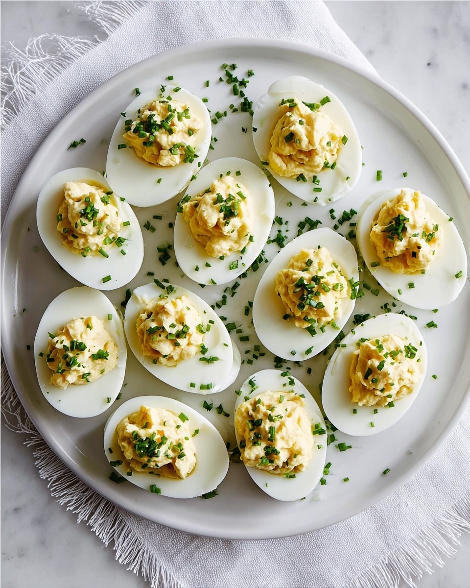 A white plate holds twelve halves of hard-boiled eggs arranged in a circular pattern. Each egg half has a smooth, glossy white outer layer serving as a cup filled with a creamy, pale yellow filling that looks soft and slightly chunky. The filling is topped with small, finely chopped bright green chives scattered evenly on each piece. The plate sits on a white marbled texture with a soft cloth partially visible to the side. photo taken with an iphone --ar 4:5 --v 7