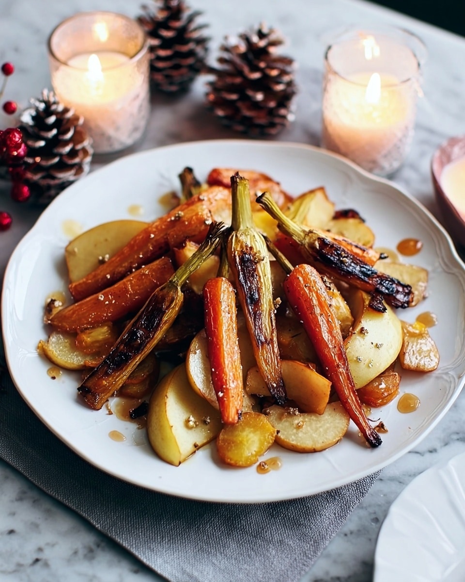 A white plate holds a mix of roasted root vegetables and fruit arranged in layers. The bottom layer includes caramelized apple slices with a light golden-brown texture around the edges. On top, there are small roasted carrots and caramelized parsnips with a glossy, slightly browned finish. Scattered seeds add texture and some shine from the roasting glaze. Around the plate, small lit candles with white holders and pine cones create a cozy atmosphere. The surface is a white marbled texture. photo taken with an iphone --ar 4:5 --v 7