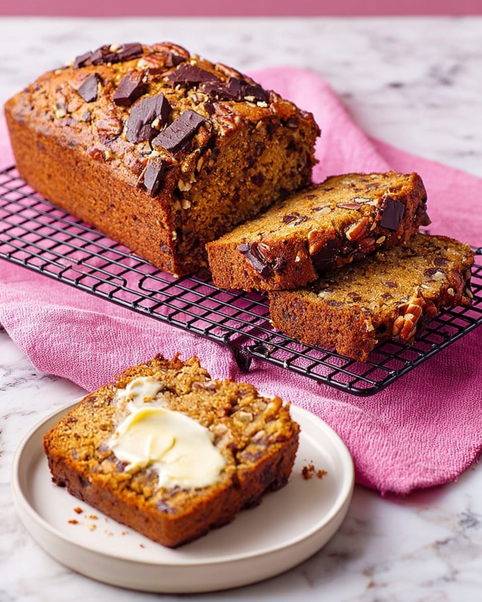 A loaf of golden brown nut bread with visible chunks of dark chocolate and nuts baked inside and on top, placed on a black wire cooling rack over a pink cloth on a white marbled surface. Two slices lay in front of the loaf on the rack, showing the rough texture with embedded nuts and chocolate pieces. Next to the rack, a white plate holds a single toasted slice of the bread spread with a thick layer of melting butter, displaying a crunchy edge and soft inside. The scene is bright and colorful with soft natural light. photo taken with an iphone --ar 4:5 --v 7