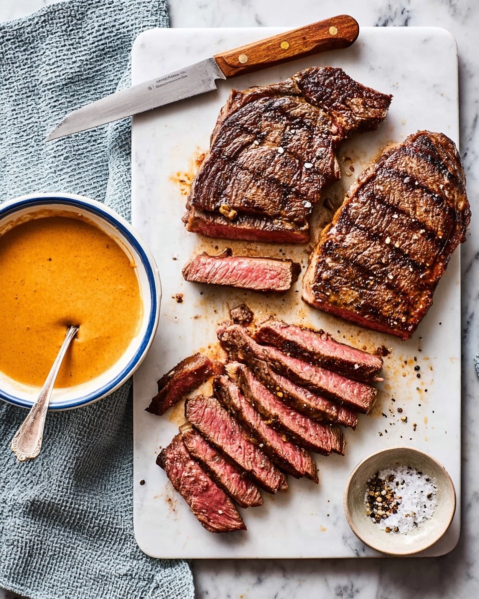 The image shows three pieces of cooked steak on a white cutting board with a wooden-handled knife at the top. Each steak is partially sliced, showing layers of brown crispy outside and pink inside, with some slices stacked or leaning. The steak pieces have a textured, seasoned surface with a mix of dark and light brown colors. To the left, there is a white bowl filled with smooth, orange-brown sauce and a spoon inside it. Near the bottom right corner of the cutting board, a small white bowl with coarse salt and pepper is placed. The whole setup is on a white marbled surface with a folded blue cloth towel to the left. photo taken with an iphone --ar 4:5 --v 7