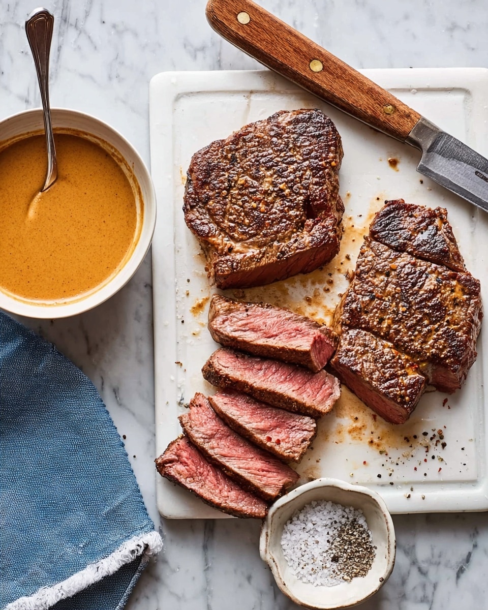 The image shows a white cutting board on a white marbled surface with three grilled steak pieces, each partially sliced. The steak pieces have a dark brown, seared outer layer with a pink to red center, showing different levels of doneness, with slices arranged mostly in a row beside each larger piece. A knife with a wooden handle rests above the top steak. To the left of the cutting board, there is a white bowl with a blue rim filled with a smooth orange sauce, and a spoon inside it. A light blue textured cloth is placed nearby on the surface. Near the bottom right corner of the cutting board, there is a small white bowl containing coarse salt and black pepper. Photo taken with an iphone --ar 4:5 --v 7