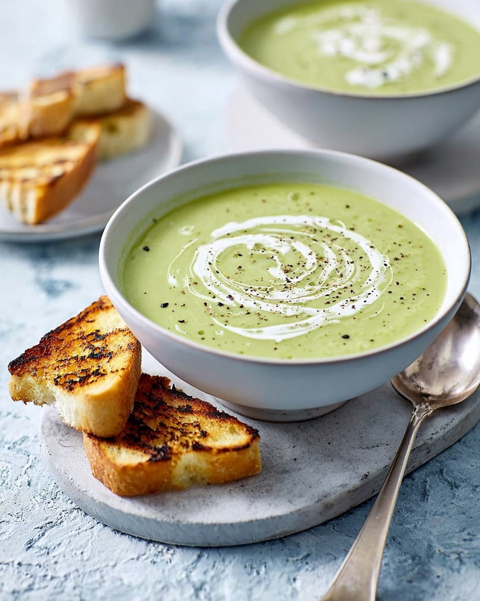 Two white bowls filled with creamy green soup sit on a white marbled texture. Each bowl has a swirl of white cream on top, sprinkled lightly with black pepper. The bowl in the front stands on a round, light grey coaster. Around the bowl are pieces of toasted bread with grill marks, broken and placed casually. In the background, there is another bowl with the same green soup, held by a spoon resting inside it. A stack of white bowls is slightly blurred in the back. The whole scene has soft natural light that highlights the smooth texture of the soup and the crispy texture of the bread. photo taken with an iphone --ar 4:5 --v 7