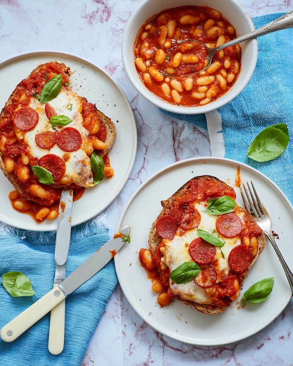 The image shows two white plates with slices of toasted bread topped with a layer of melted white cheese, covered by a rich red tomato sauce with white beans, and finished with crispy round slices of reddish-brown pepperoni and green basil leaves scattered on top. One plate has a fork and knife resting on the side, while the other plate is plain with some beans and basil leaves around the edges. On the top right, a white pot filled with the same tomato-bean sauce with a silver spoon rests on a yellow surface. A blue cloth with a single basil leaf lies under the left plate, and a small white bowl with a mix of black and white pepper sits at the top near the pot, all placed on a white marbled texture background. Photo taken with an iphone --ar 4:5 --v 7