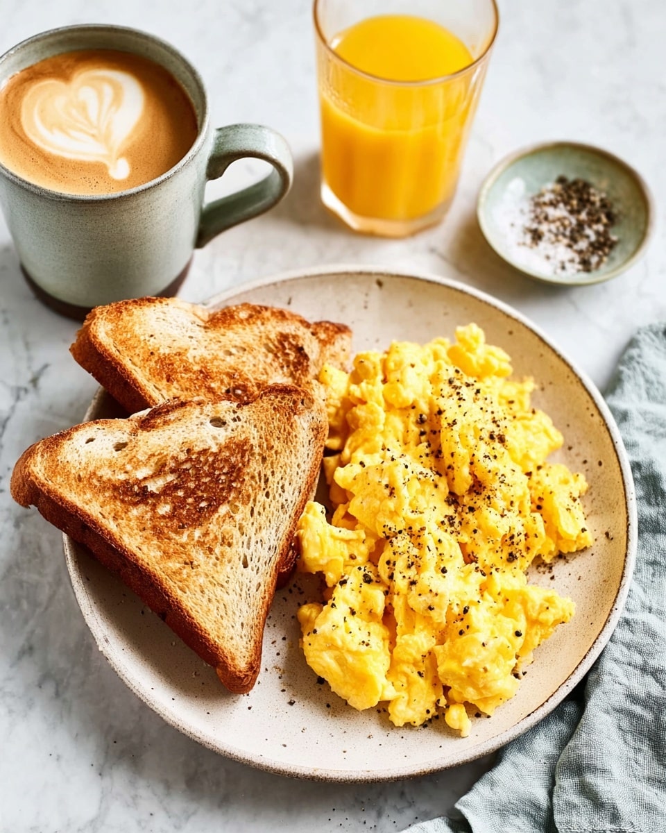 A white plate holds two triangular slices of toasted brown bread, slightly browned with melted butter spots on top. On the right side of the plate, there is a generous heap of fluffy, light yellow scrambled eggs sprinkled with small bits of black pepper. To the left of the plate, a light gray ceramic cup with a handle contains a frothy, light brown coffee with subtle swirls on the surface. Behind the cup, a clear glass is filled with bright orange juice. The setting is on a white marbled surface lightly covered with a soft pale green cloth. In the upper right corner, a small white bowl filled with ground black pepper and salt is partially visible. photo taken with an iphone --ar 4:5 --v 7