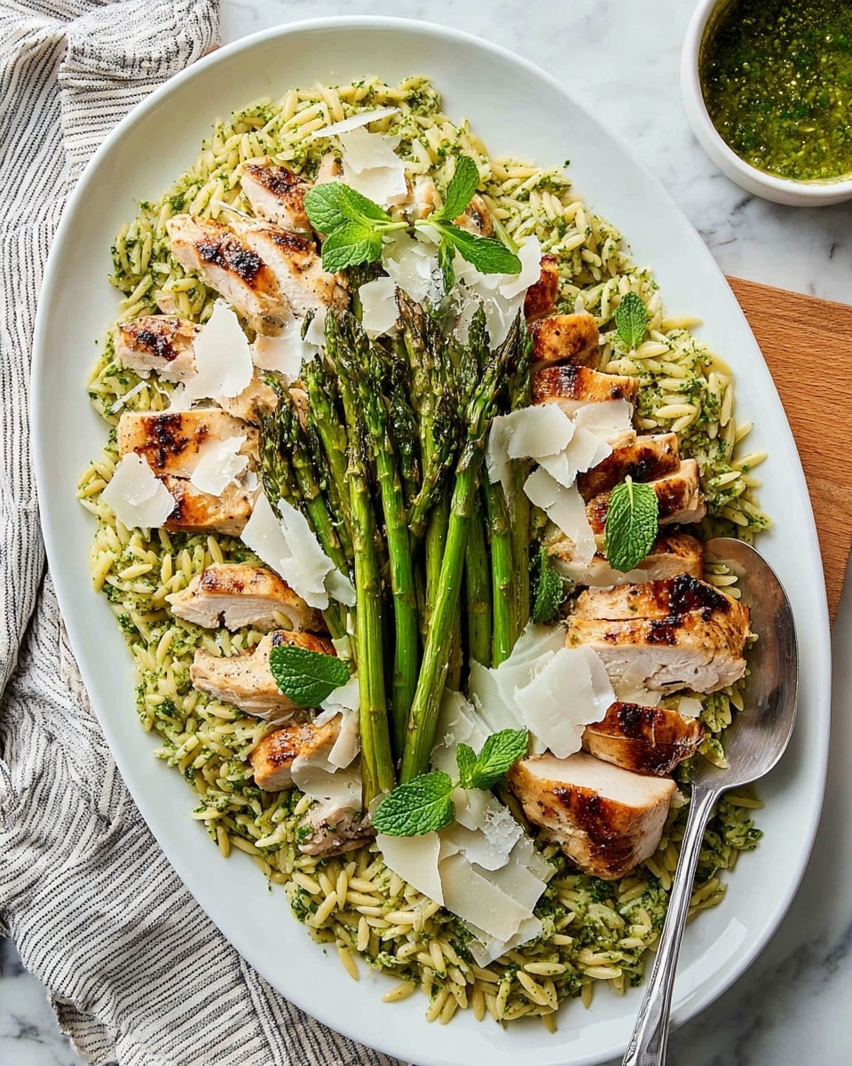 A white oval plate holds a layered dish starting with a bed of orzo pasta mixed with green herbs, giving it a light green tint and a soft, slightly textured look. On top of the pasta, there are several slices of grilled chicken breast arranged around the plate; the chicken is white with golden brown grill marks and a moist texture. In the center, a bunch of bright green grilled asparagus spears are stacked, creating height and contrast with their slightly charred tips. Scattered over the asparagus and chicken are thin shavings of white cheese and small fresh green mint leaves for decoration. A large silver spoon rests on the right side of the plate. The plate sits on a white marbled surface with a light blue and white striped cloth partially visible on the left. Nearby, a small white bowl with green sauce and the neck of a glass are seen. photo taken with an iphone --ar 4:5 --v 7