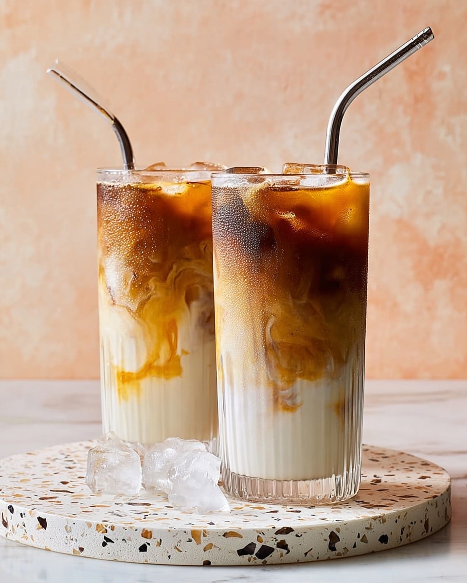 Two tall clear glasses filled with iced coffee drinks sit on a white marbled round tray. Each glass shows three visible layers: the bottom layer is creamy white milk filling about half of the glass, the middle layer is a light brown swirled with milk, and the top layer is dark brown coffee with ice cubes floating inside. Both drinks have silver metal straws, with some caramel-colored syrup dripping on the top edges. The background is soft beige with a slight texture. Photo taken with an iphone --ar 4:5 --v 7