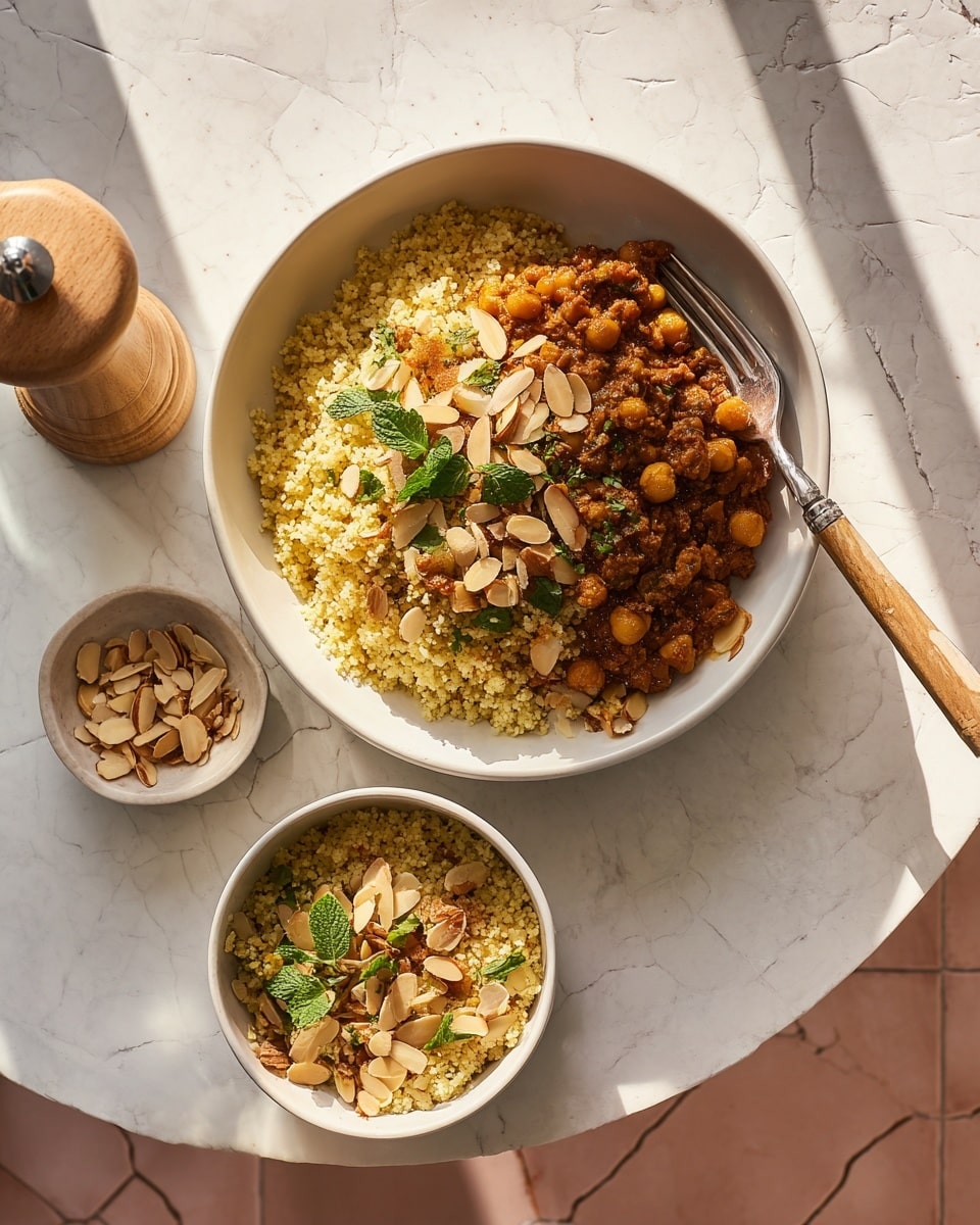 Two white bowls are shown on a white marbled texture. Each bowl has two layers: on one side, there is pale yellow bulgur mixed with small green mint leaves and light brown toasted almond slices scattered on top, showing a grainy texture; on the other side, there is a dark brown chickpea and minced meat stew with soft onion slices and golden chickpeas, topped with more toasted almond slices. A small white bowl filled with toasted almond slices sits nearby. A wooden-handled spoon rests inside the top bowl, partly on the bulgur and stew. A light beige pepper grinder is placed beside the bowls on a tan tile surface under natural light. Photo taken with an iphone --ar 4:5 --v 7