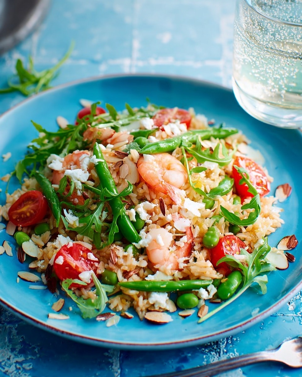A white plate with a blue pattern holds a colorful shrimp salad with several layers. The bottom layer is light brown rice mixed with small pieces of green vegetables. On top are pink cooked shrimp, bright green snap peas cut in half, and roasted red cherry tomatoes. There are white crumbles of soft cheese sprinkled over the salad, along with thin, light brown almond slices and fresh green arugula leaves scattered all around. The plate is on a white marbled surface next to a glass of water. photo taken with an iphone --ar 4:5 --v 7