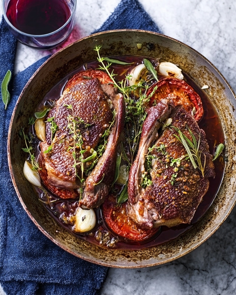 The image shows a rustic metal pan filled with two cooked duck breasts placed on top of thick slices of reddish-brown roasted vegetables, possibly eggplants or tomatoes. The duck breasts have a crispy, brown skin and are sprinkled with fresh green rosemary and thyme sprigs. There are also a few roasted garlic cloves scattered around, adding texture and warm tones. The pan sits on a white marbled surface next to a white cup filled with dark red liquid, possibly wine or juice. A blue cloth is partially visible on the side. The photo taken with an iphone --ar 4:5 --v 7