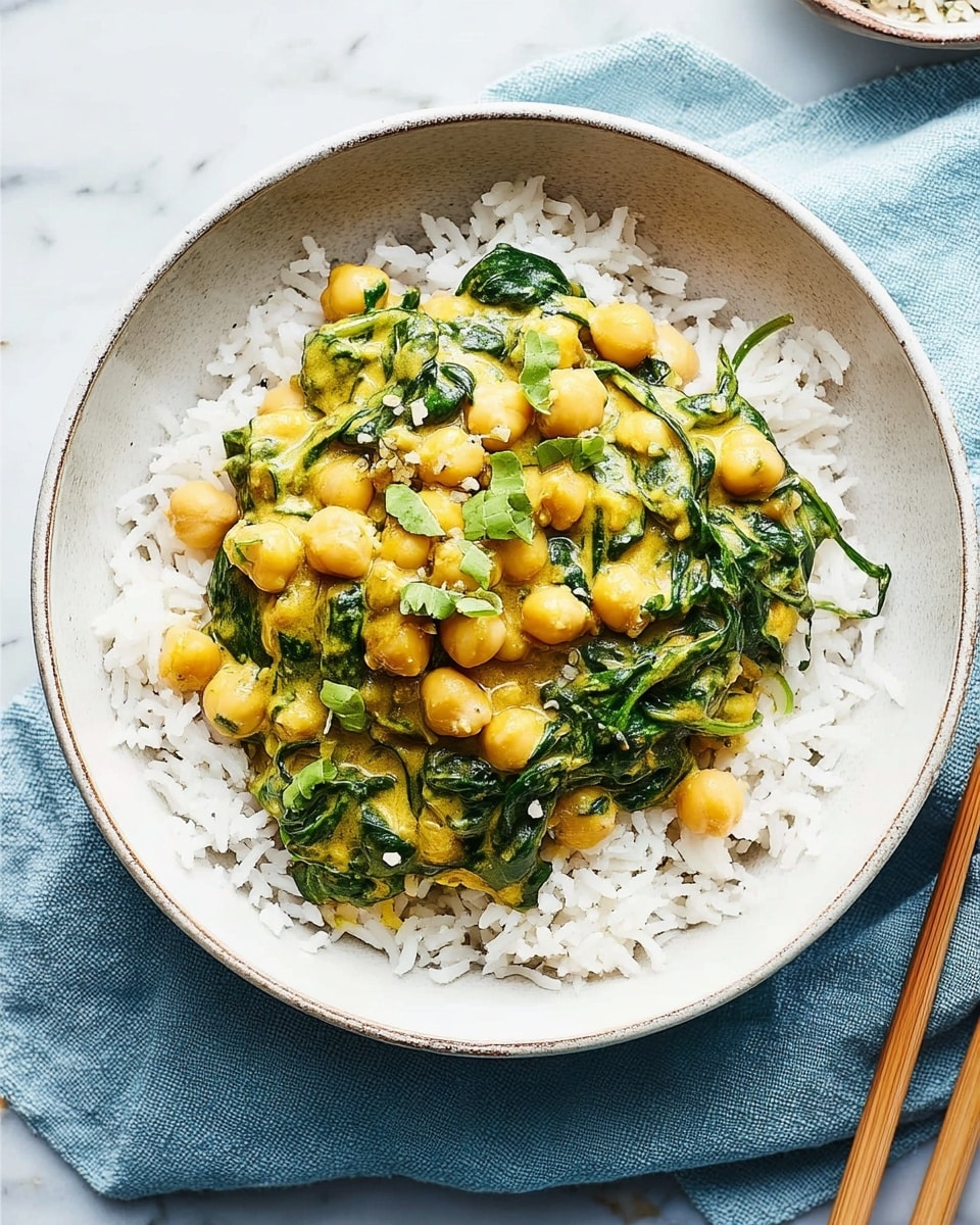 A white bowl filled with a base layer of plain white rice, with individual grains visible and slightly fluffy. On top of the rice is a thick layer of chickpea curry mixed with spinach, showing a warm yellowish sauce with green spinach leaves and round chickpeas scattered evenly throughout. The bowl sits on a white marbled surface next to a wooden-handled utensil, with a light blue cloth partially visible beneath the bowl. photo taken with an iphone --ar 4:5 --v 7