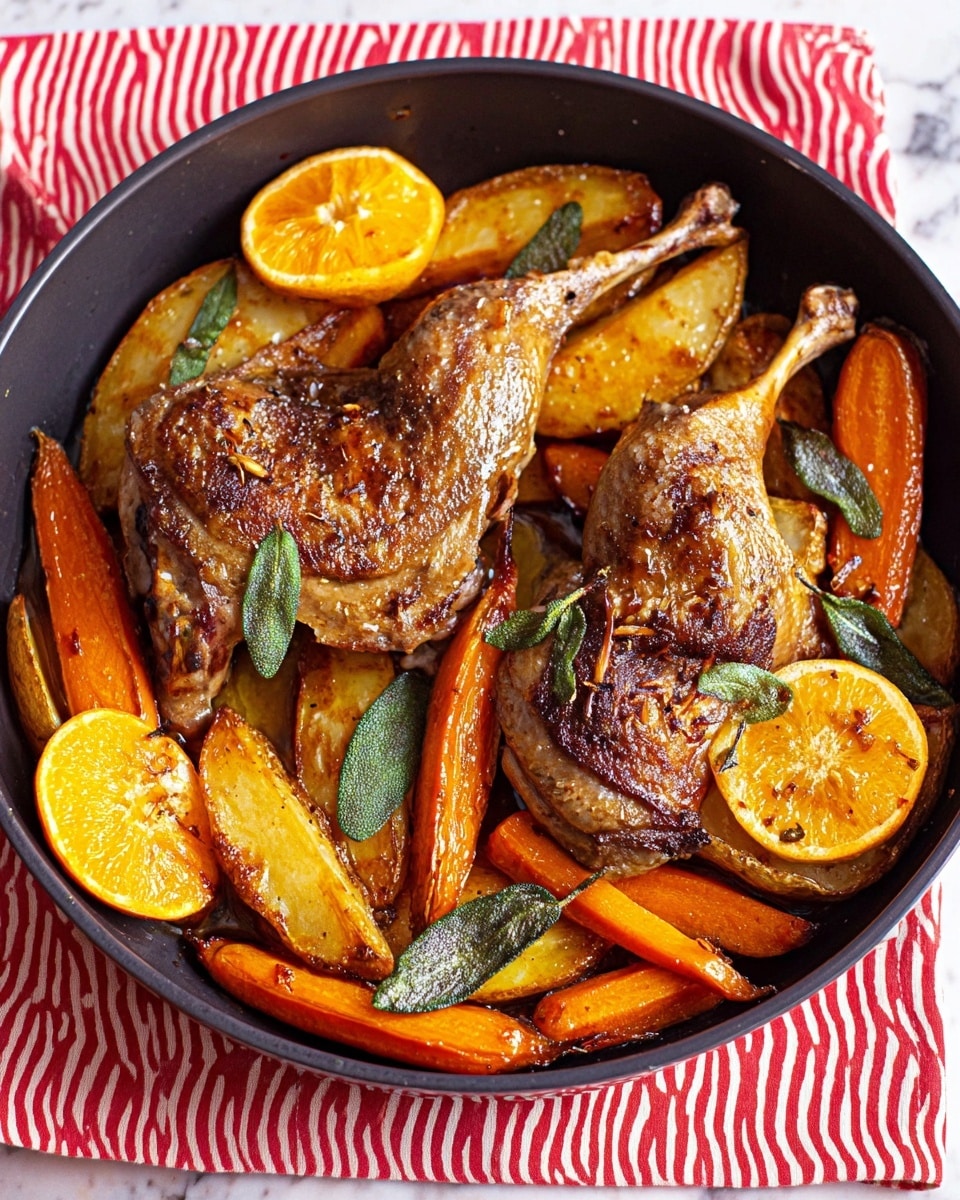 A black pan contains two pieces of roasted duck legs placed on top of roasted sweet potato slices that have a bright orange color and slightly caramelized edges. There are small whole roasted garlic cloves and green herb leaves scattered around the pan. Light brown roasted lemon slices are tucked between the sweet potatoes, adding color contrast. The pan sits on a white marbled surface with a red and white curved pattern background. photo taken with an iphone --ar 4:5 --v 7