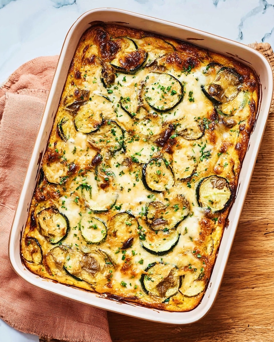 The image shows a baked vegetable casserole in a white rectangular baking dish placed on a white marbled surface with a light brown cloth nearby. The dish has several layers; the bottom layer is made of thinly sliced round green zucchini and orange sweet potato pieces, followed by a creamy, cheesy layer with a golden brown baked top. The surface is dotted with melted cheese that is slightly browned and small green chives sprinkled all over. The edges of the casserole have some darker baked spots, adding texture and color contrast to the dish. photo taken with an iphone --ar 4:5 --v 7