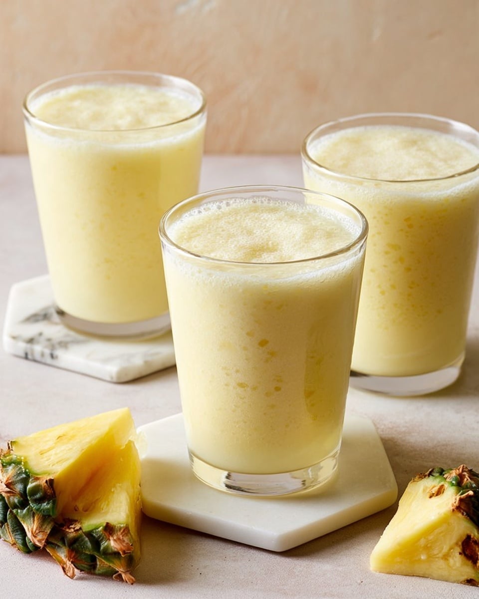 Three short glasses filled with a thick pale yellow pineapple smoothie sit on a white marbled surface. Each glass has a textured diamond pattern and is full to the brim with the creamy smoothie showing small chunks of pineapple inside. Two triangular fresh pineapple slices with green-brown edges rest on a white hexagonal stone slab next to one glass, and one small pineapple slice is placed on the white marbled surface in the foreground. The background is softly blurred in light peach tones. Photo taken with an iphone --ar 4:5 --v 7