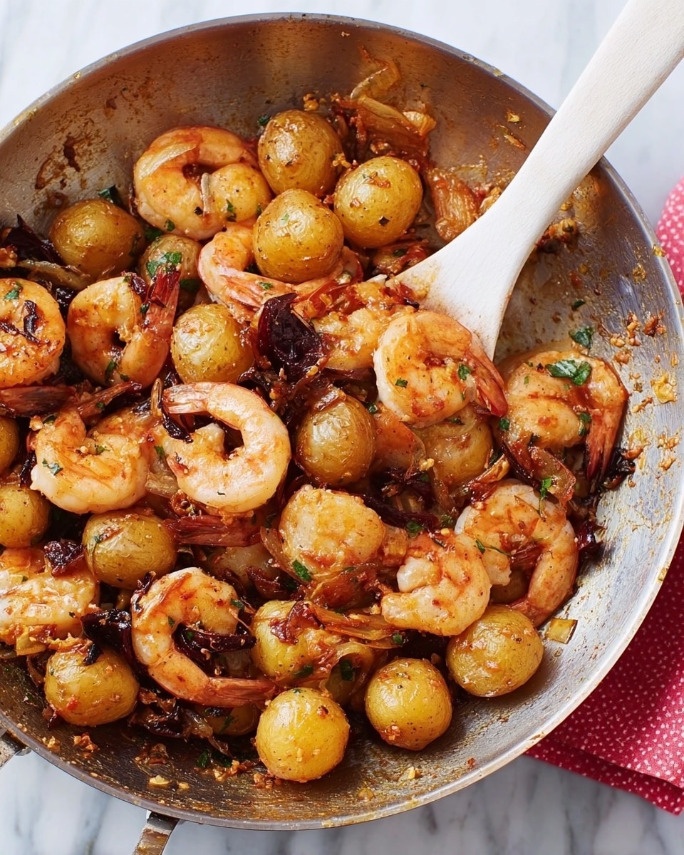 The image shows a close-up of a metal pan filled with cooked shrimp and round golden-brown scallops, mixed with small pieces of dark mushrooms and bits of light brown garlic. The shrimp are pinkish-orange with a firm texture, and the scallops are plump with a slight crisp on the edges. A wooden spoon sits inside the pan, holding some scallops and shrimp. The pan rests on a white marbled surface with a red cloth partially showing on the side. Photo taken with an iphone --ar 4:5 --v 7