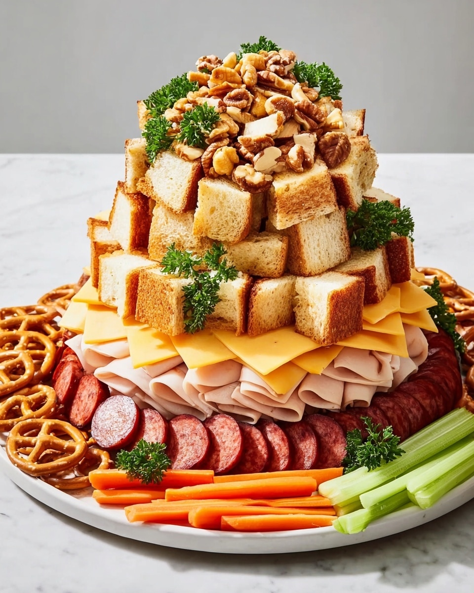 A large white plate holds a tall, layered meat and cheese tower. The base layer is made of slices of sausage with a reddish-brown color, arranged closely together. Above that are thin, pale slices of turkey or chicken deli meat folded on top of the sausage. On top of this is a chunky layer of golden yellow cheese cubes mixed with nuts like pecans and cashews, mainly covering thin slices of rolled turkey or chicken. The next layer is a pile of cubed toasted bread with a light golden brown crust, garnished with bright green parsley sprigs. Around the plate’s edge, there are small pretzels on the left, fresh carrot sticks and celery sticks on the right, and some more parsley scattered near the vegetables. The whole scene is set on a white marbled surface. Photo taken with an iphone --ar 4:5 --v 7
