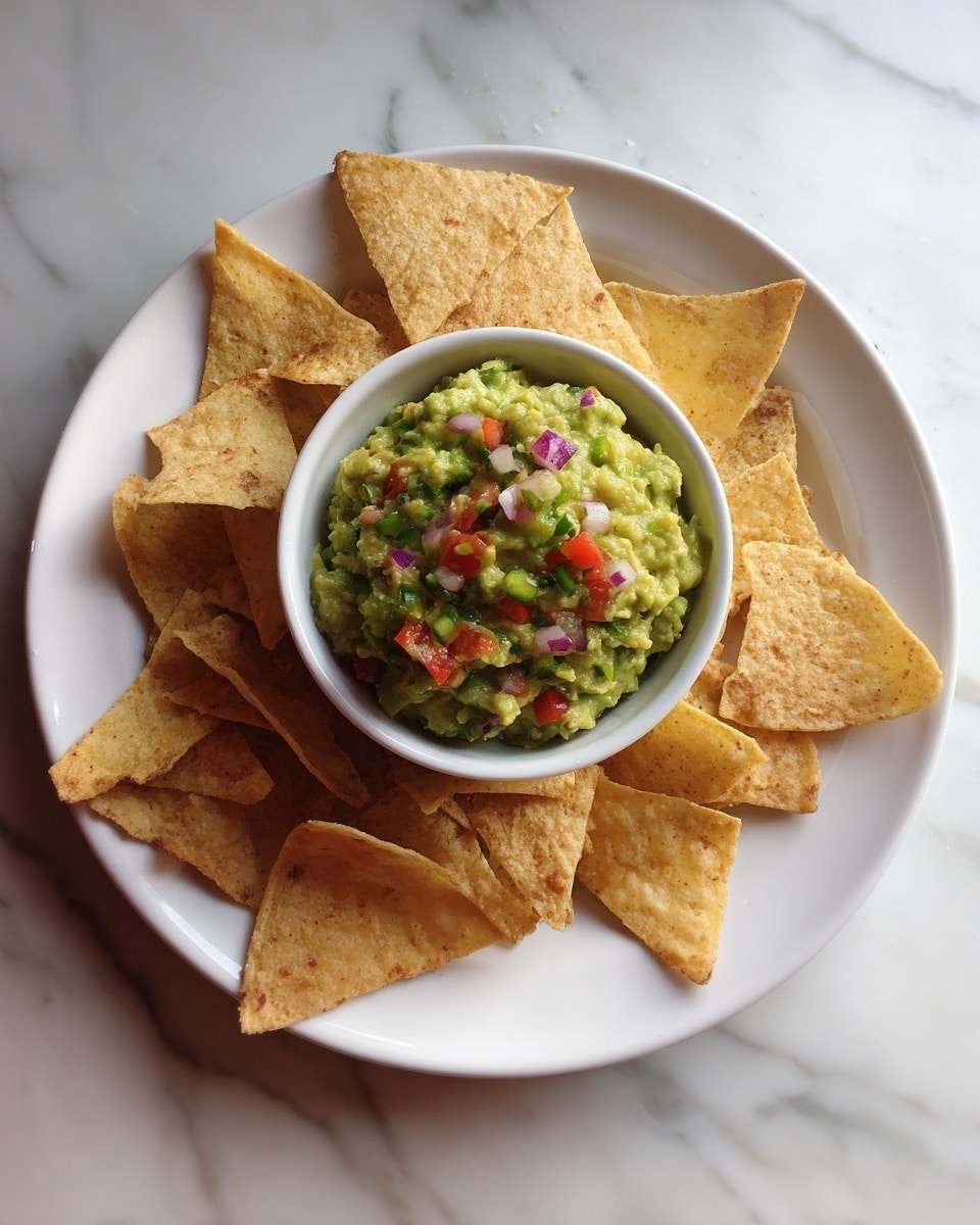 A round white plate holds seven triangular, lightly browned tortilla chips arranged around a small white bowl at the center. The bowl contains chunky green guacamole topped with small pieces of red tomato, purple onion, and green pepper. The plate is set on a white marbled surface. photo taken with an iphone --ar 4:5 --v 7