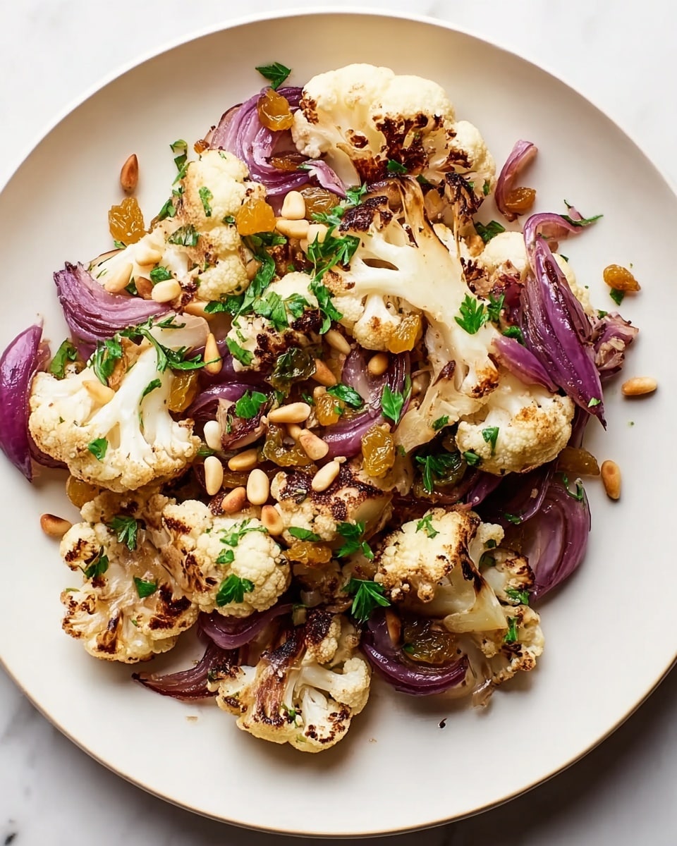 A white round plate holds a roasted cauliflower salad with about three layers. The bottom layer has golden brown roasted cauliflower florets with charred edges, showing a mix of creamy white and light brown colors. The next layer features slices of soft purple-red roasted onions spread evenly among the cauliflower. Scattered on top are golden raisins and pale toasted pine nuts, adding small pops of yellow and light beige textures. Fresh green parsley leaves are sprinkled over everything, adding a bright green contrast. The plate sits on a white marbled textured surface. Photo taken with an iphone --ar 4:5 --v 7