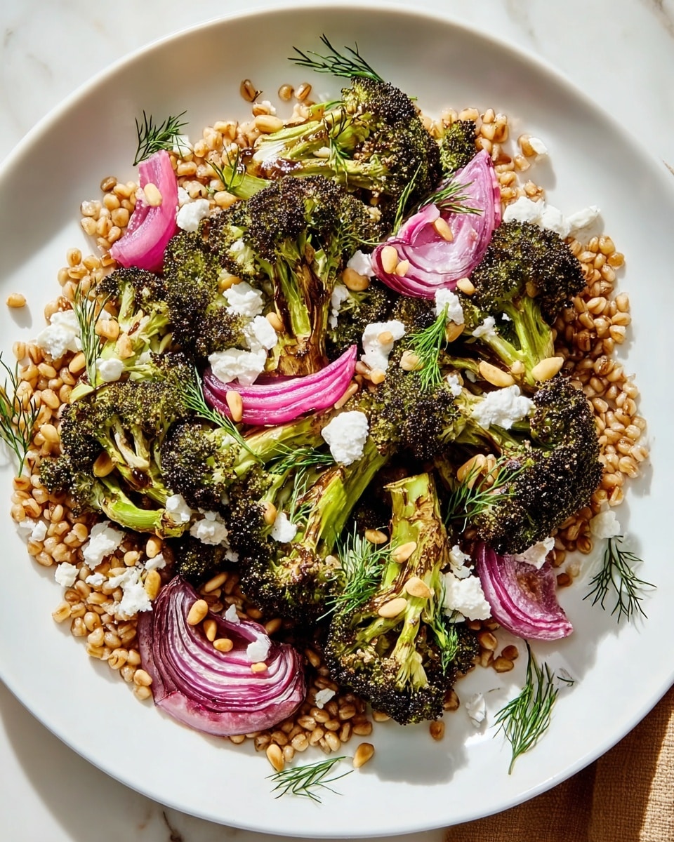 A white plate sits on a white marbled surface, filled with a visually appealing layered salad. The base layer consists of light brown whole grains, spread evenly across the plate. On top of this, there are large, slightly charred broccoli florets with a dark green and brown texture, scattered in a loose circular pattern. Interspersed among the broccoli are soft, translucent, pale purple roasted onion slices, adding a pop of color. Crumbled white cheese is sprinkled throughout, adding contrast to the darker colors. Small pine nuts and fresh green dill sprigs are scattered on top, giving the dish texture and a fresh green highlight. The light and shadow create a natural and appetizing look. photo taken with an iphone --ar 4:5 --v 7