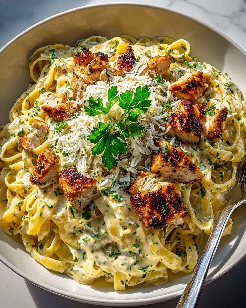A large white bowl holds creamy pasta with three layers: the bottom layer is a bed of yellow fettuccine noodles, soft and twisted; the middle layer is a rich, white Alfredo sauce mixed with finely chopped green herbs that evenly coat the noodles; the top layer features browned, crispy chicken cubes scattered across the dish, with small bright green parsley sprigs adding color. Grated white cheese is sprinkled on top, lightly covering the chicken and sauce, while a silver fork rests on the right side of the bowl. The scene is set on a white marbled texture. photo taken with an iphone --ar 4:5 --v 7