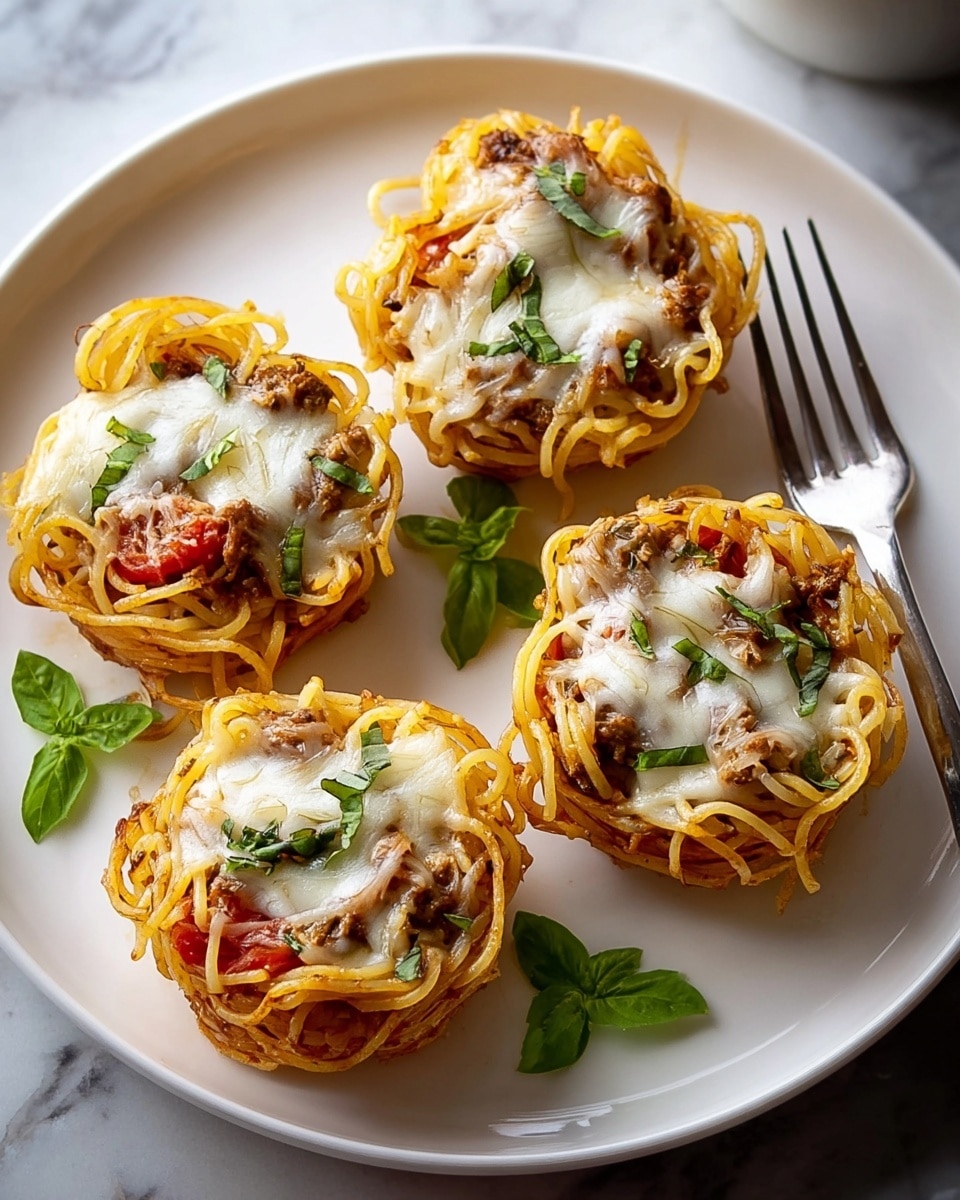 The image shows four small baked spaghetti nests on a white plate with a white marbled background. Each nest is made by a golden-yellow layer of cooked spaghetti shaped into a cup. Inside each cup, there is a mix of browned ground meat and small red tomato pieces, topped with a melted white cheese layer that is slightly browned on the edges. Fresh green basil leaves are scattered on top of each nest and a few are placed on the plate for decoration. A silver fork rests on the side of the plate. Photo taken with an iphone --ar 4:5 --v 7