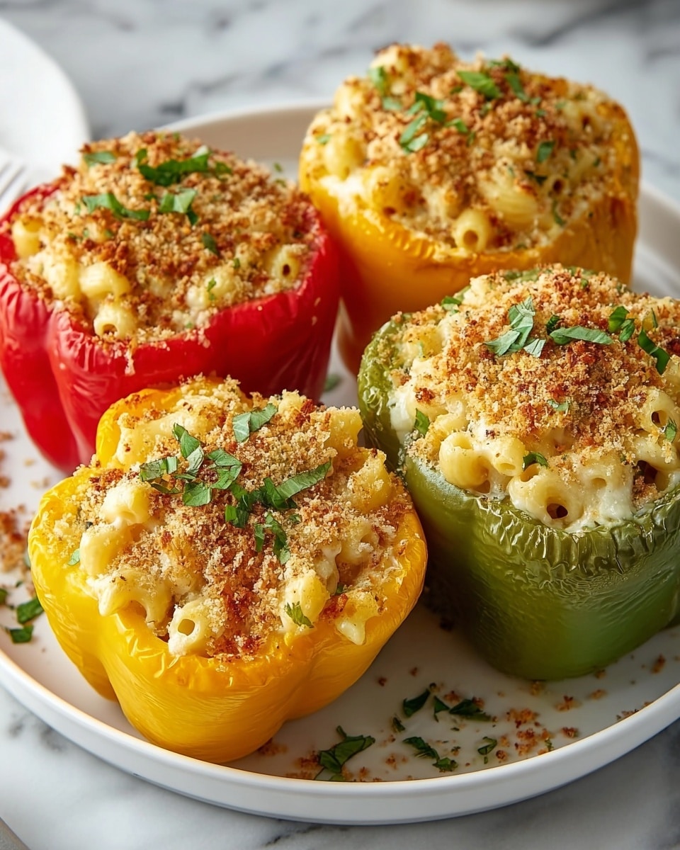Four stuffed bell peppers sit closely on a white round plate over a white marbled surface, each filled to the top with creamy macaroni and cheese mixed with a crispy golden breadcrumb crust. The peppers' colors vary with one green, two yellow, and one red, creating a vibrant contrast with the pale cheese filling. The top layer is slightly browned, showing toasted crumbs with scattered green parsley leaves for a fresh touch. The textures are rich with wrinkled pepper skins, soft creamy pasta, and crunchy sprinkled crumbs, all arranged neatly without spilling. Photo taken with an iphone --ar 4:5 --v 7