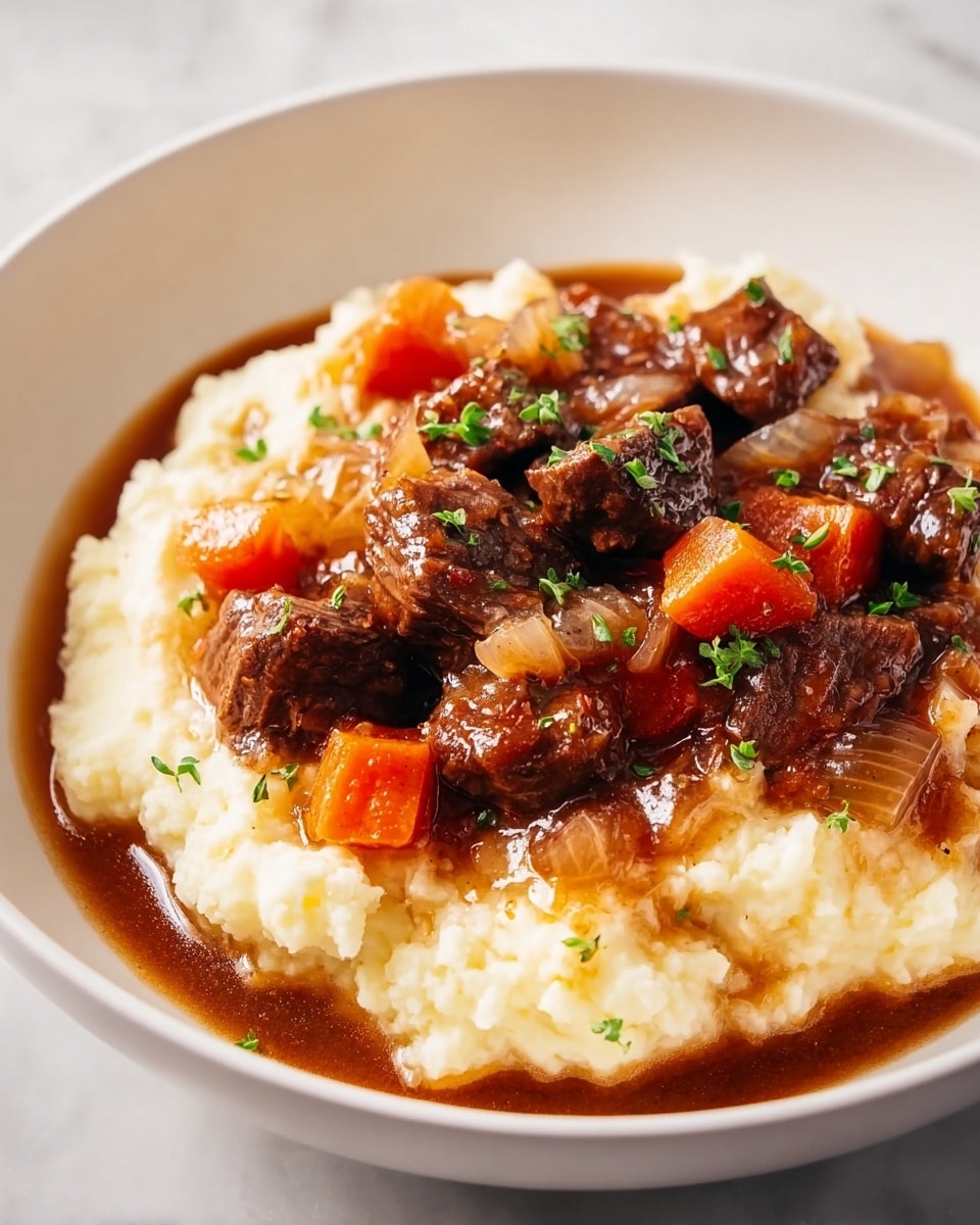 The dish shows a white bowl filled with three main layers. The bottom layer is creamy mashed potatoes that look soft and slightly lumpy with a pale ivory color. On top of the mashed potatoes is a generous layer of thick brown gravy, which pools slightly around the edges. Nestled in the gravy are chunks of dark brown beef, tender and glazed, mixed with small cubes of bright orange carrots and translucent diced onions. The dish is finished with a sprinkle of fresh green chives scattered over the top. The bowl is set on a white marbled surface. photo taken with an iphone --ar 4:5 --v 7