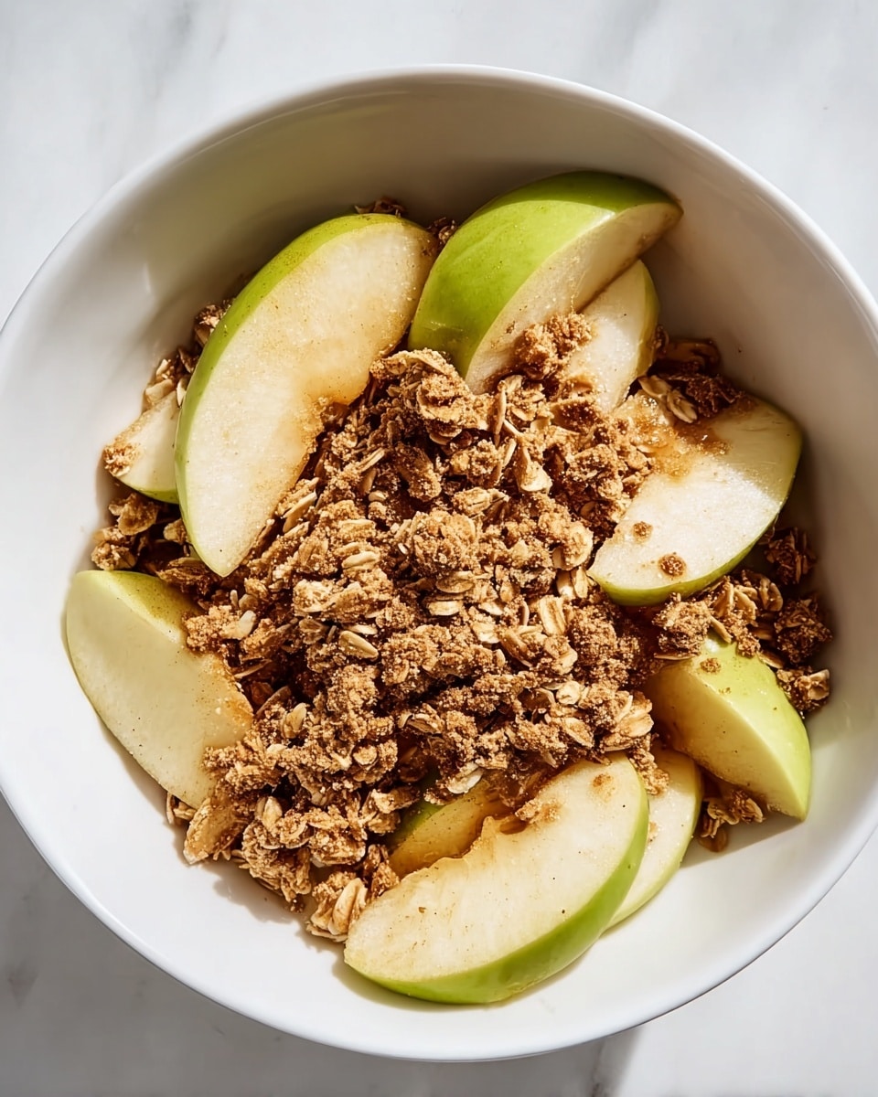 A white bowl filled with several slices of green apple, arranged loosely at the bottom with edges showing, topped with a thick layer of brown, crumbly oat granola scattered unevenly, some parts covering the apples while others sit prominently on top, creating a mix of smooth apple skin and rough oat texture, all set against a white marbled surface. photo taken with an iphone --ar 4:5 --v 7