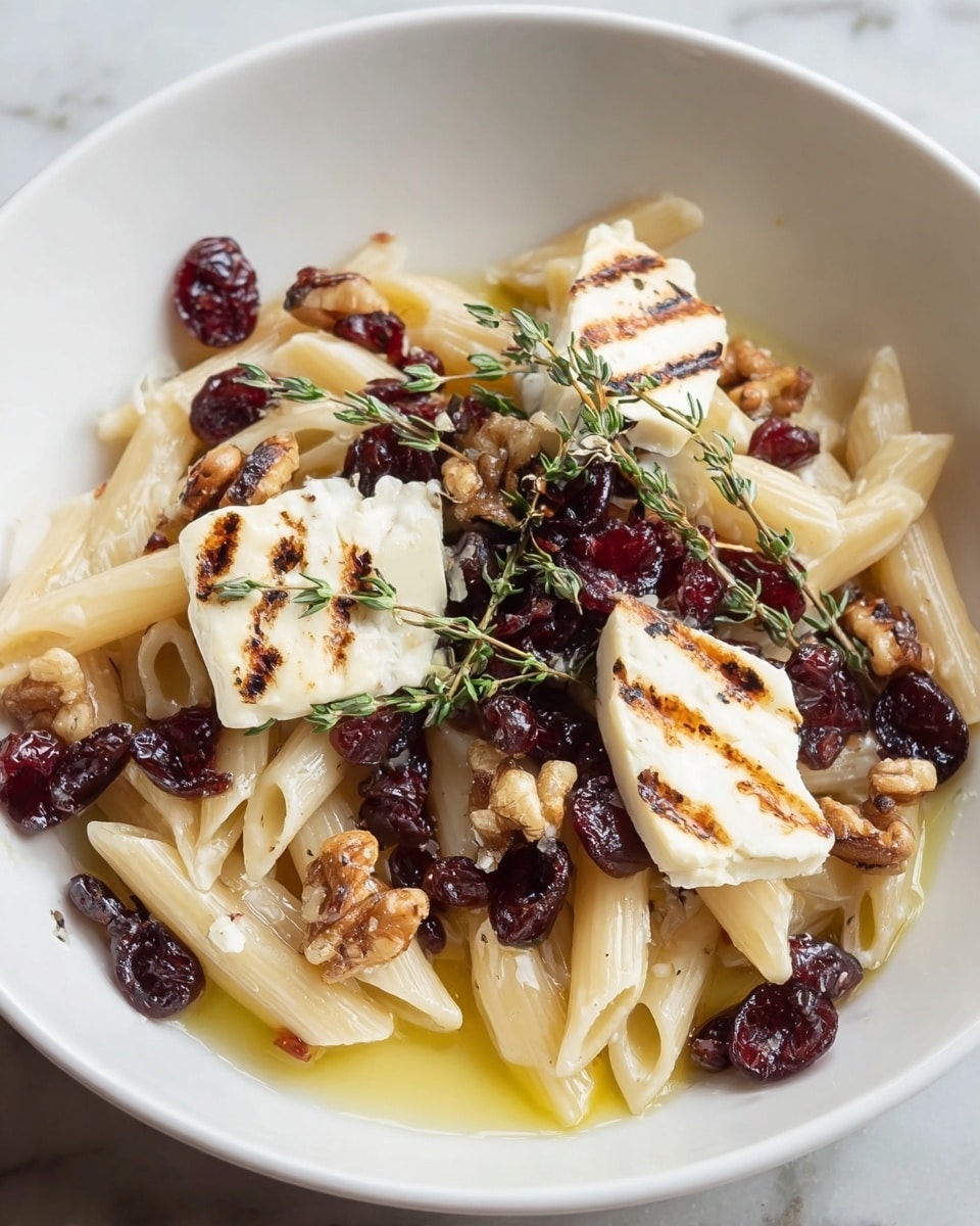 The dish is served in a white bowl on a white marbled surface. The bottom layer consists of light beige penne pasta, cooked and slightly glossy with oil. Scattered on top are medium-sized pieces of white cheese with a soft texture and some brown grilled spots. Dried dark red cranberries add a rich color contrast along with whole walnut halves that have a warm brown color and rough texture. Sprigs of fresh thyme with small green leaves are placed on top, adding a natural touch. The whole dish is lightly drizzled with a golden oil that adds shine and a subtle glistening effect. photo taken with an iphone --ar 4:5 --v 7