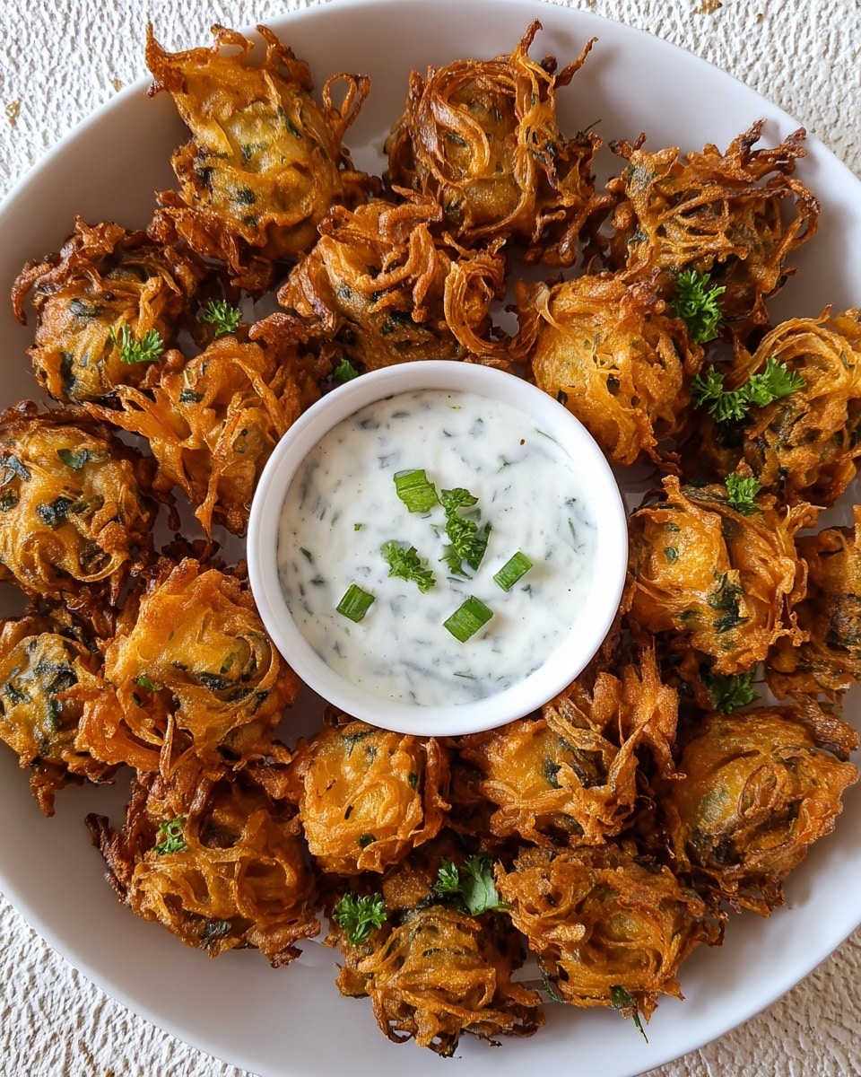 A white round bowl filled with a circle of deep golden brown fritters that have a rough, crispy texture with visible bits of green herbs and orange spices; in the center of the bowl, there is a smaller white round bowl holding a creamy white dip garnished with chopped green herbs. The bowl is placed on a white marbled surface. Photo taken with an iphone --ar 4:5 --v 7
