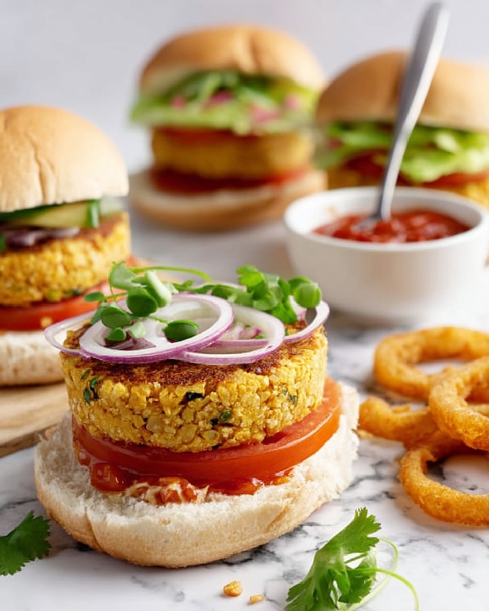 The image shows a sandwich with three layers on a white whole grain bun, placed on a white marbled surface. The bottom layer is a thick slice of red tomato, topped with a golden brown veggie patty that has a slightly rough texture. On top of the patty, there are thin rings of light purple onion and a small green cilantro leaf, with a red sauce drizzled over the patty. The top bun is tilted behind the sandwich, revealing the filling. In the background, there are two more similar sandwiches and a small white bowl with red sauce and a spoon, along with loose purple onion rings and green cilantro leaves scattered on the surface. Photo taken with an iphone --ar 4:5 --v 7