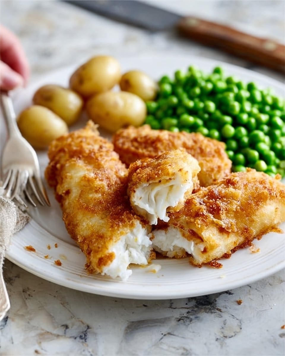 The image shows a white plate with three main layers of food on a white marbled surface. At the front, there is a crispy golden brown fried fish fillet broken open to show soft white flaky fish inside. Behind this, there are more pieces of breaded fried fish stacked slightly overlapping each other. On the right side of the plate, there is a bright green heap of mushy peas with some whole peas visible. On the left side near the top are several small round boiled potatoes with smooth yellow skins. A silver fork and a knife with a wooden handle rest beside the plate. Photo taken with an iphone --ar 4:5 --v 7