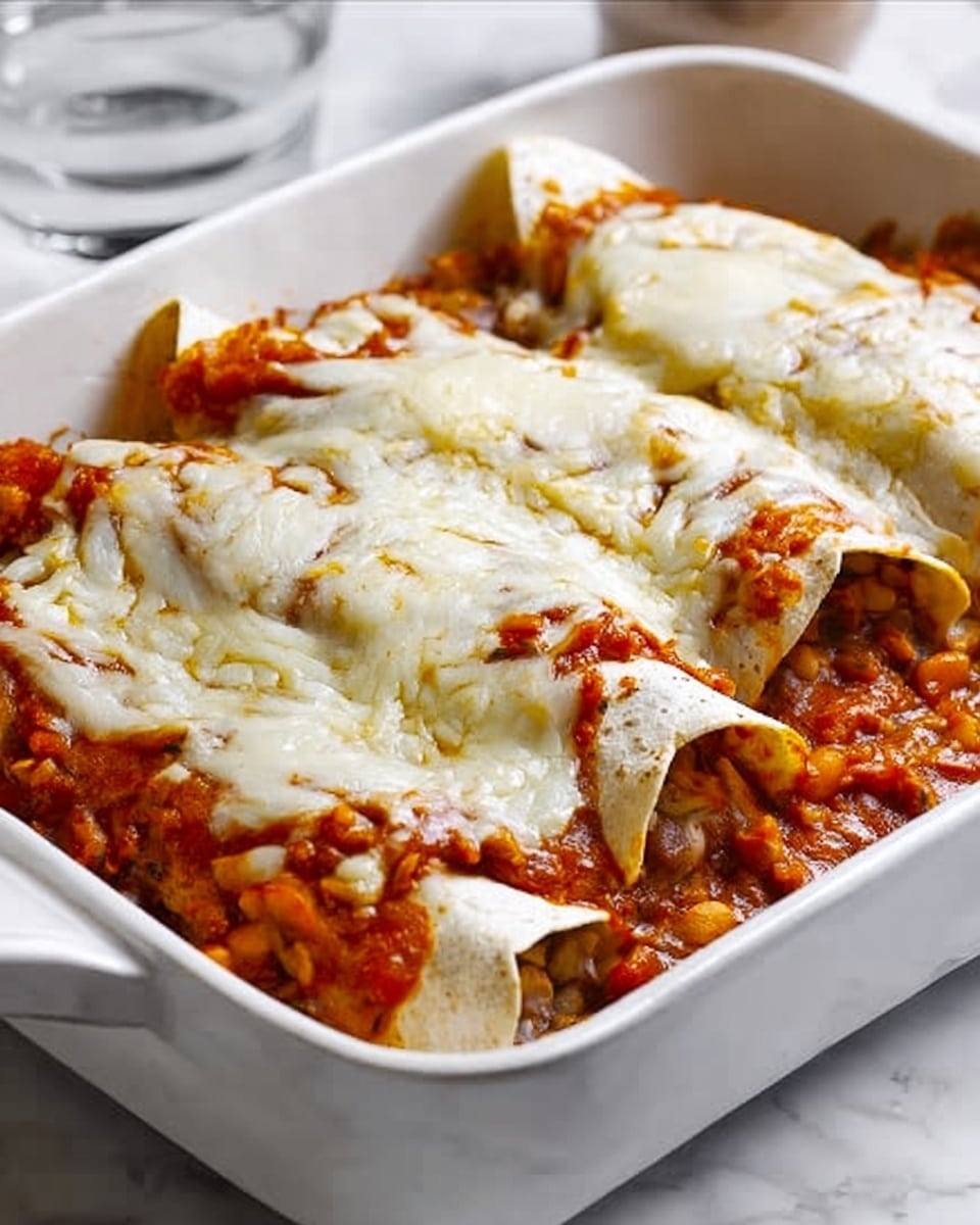 The image shows a white rectangular baking dish filled with rolled tortillas layered closely together. On top of the tortillas is a thick mix of cooked lentils and tomato sauce, covering the surface completely with a reddish and brown color and a chunky texture. The top layer consists of melted white cheese that spreads over the lentil mix in an uneven way, browned slightly in some spots, giving a creamy and soft look. The dish sits on a white marbled surface with a glass of water blurred in the background. Photo taken with an iphone --ar 4:5 --v 7