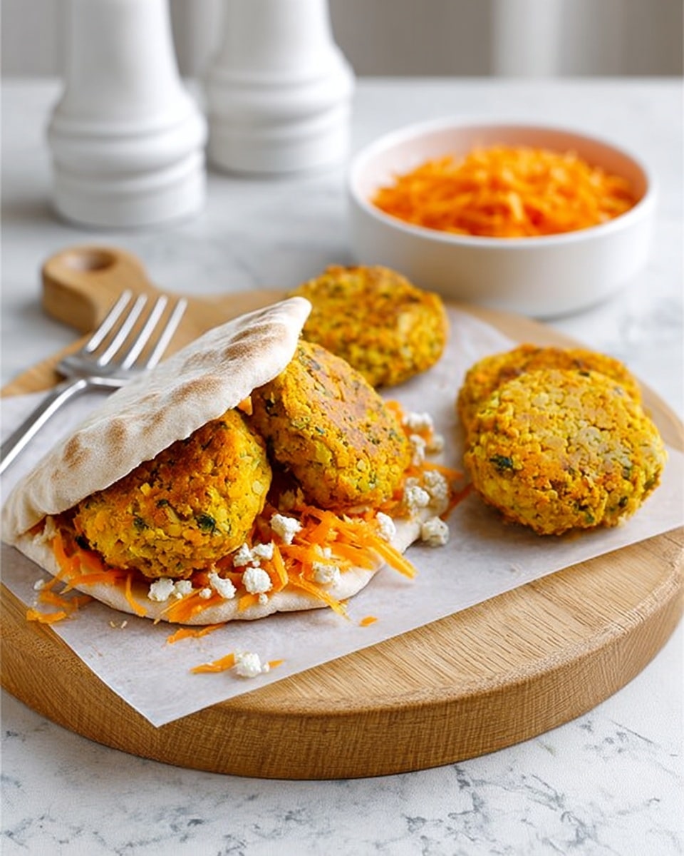 The image shows a white pita bread folded in half on a wooden board, filled with two bright orange falafel patties that have green herb specks, sitting on a layer of thin shredded carrot and crumbled white cheese. To the right, two more falafel patties rest directly on the board. Behind the pita, there is a small white bowl filled with shredded carrots and herbs. A white-handled fork lies to the left on the board, and a white pepper grinder is visible in the background. The surface beneath is a white marbled texture. photo taken with an iphone --ar 4:5 --v 7