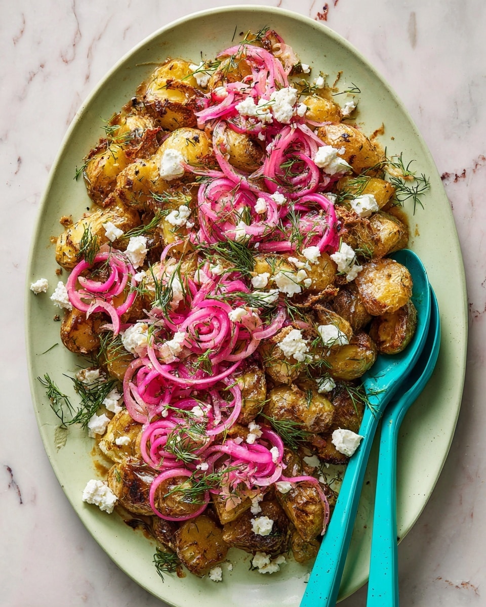 The dish is a white oval plate filled with smashed golden-brown roasted potatoes forming the base layer, topped with thin, bright pink pickled onions scattered evenly. White crumbled cheese is sprinkled across the top, adding texture and contrast. Fresh green dill sprigs are scattered around, giving a fresh look. Two glossy green serving utensils lie casually on the right side of the plate. The whole scene sits on a white marbled surface. photo taken with an iphone --ar 4:5 --v 7