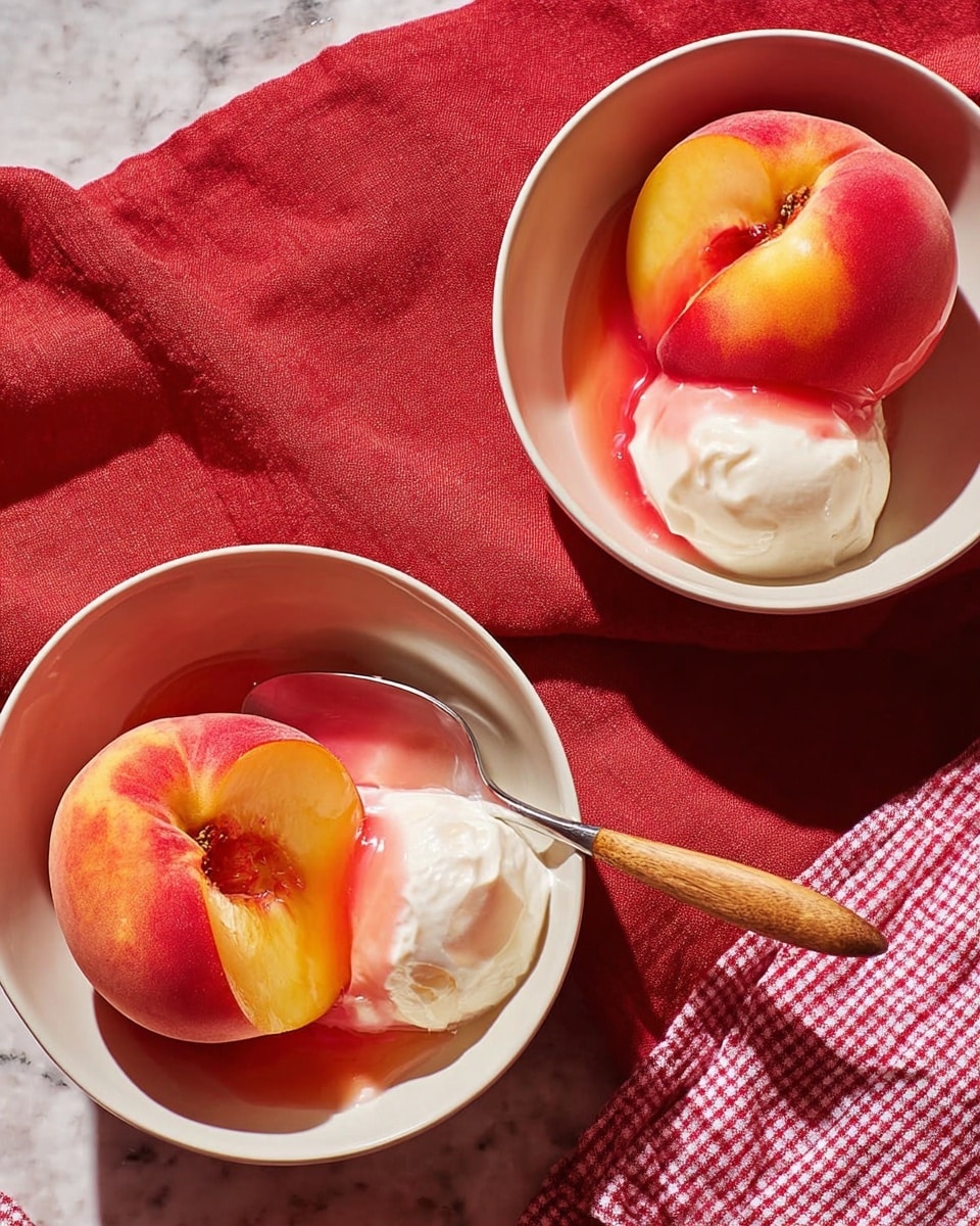 Two white bowls are shown on a white marbled surface with a red cloth underneath. Each bowl contains a pink and yellow peeled peach, one whole and one half with the pit removed, placed side by side. Next to the peaches is a dollop of white whipped cream with a small drizzle of pink syrup on top. A silver spoon with a wooden handle rests inside one bowl on the right side. A red and white checkered cloth is partially visible on the right edge. The lighting creates shiny highlights and soft shadows on the peaches and bowls. photo taken with an iphone --ar 4:5 --v 7