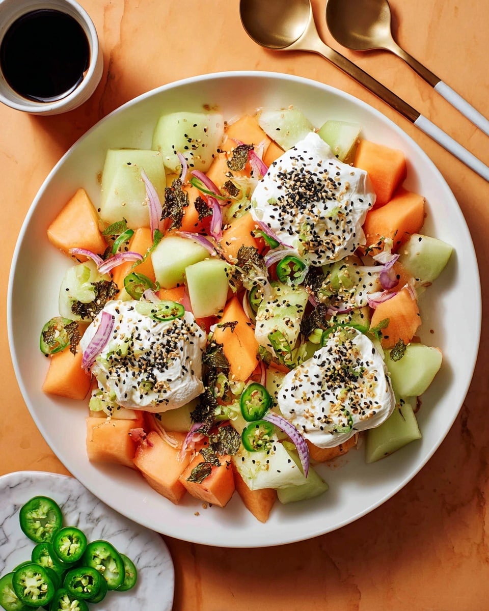 A large white shallow bowl filled with a colorful fruit salad consisting of two main layers: the bottom layer made of orange cantaloupe chunks and light green honeydew melon pieces, cut into uneven bite-sized cubes, and the top layer featuring three large dollops of white, creamy burrata cheese spread unevenly. The cheese is sprinkled with black sesame seeds, thin slices of pale purple shallots, and green jalapeño slices, along with small dark toasted curry leaves scattered on top. The bowl sits on a white marbled surface with a small white plate of jalapeño slices below it to the left and two wooden-handled serving spoons resting beside the bowl on the right. Photo taken with an iphone --ar 4:5 --v 7