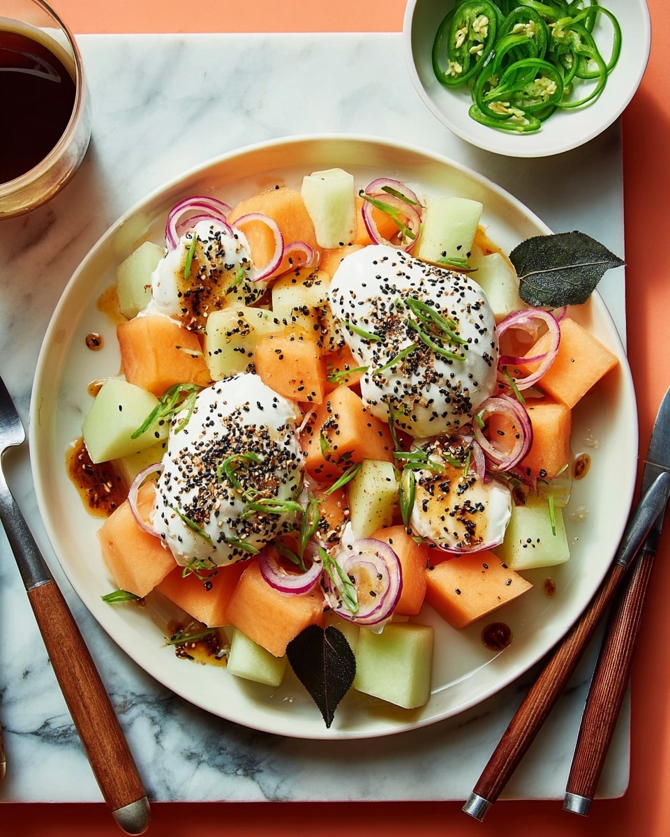 The dish shows a white plate filled with three layers of mixed cantaloupe and honeydew melon chunks, cubes are orange and light green in color, forming the base layer. On top are two large dollops of soft white cheese, each sprinkled with black seeds and small slices of green chili peppers. Thin rings of red shallots are scattered evenly across the plate, adding a touch of purple near the edges. A few dark green curry leaves rest on the cheese, and drops of brown sauce are drizzled on top. The plate is set on a white marbled surface with a small white bowl holding sliced green chili peppers nearby, along with a pair of silver serving utensils with wooden handles to the right. Photo taken with an iphone --ar 4:5 --v 7
