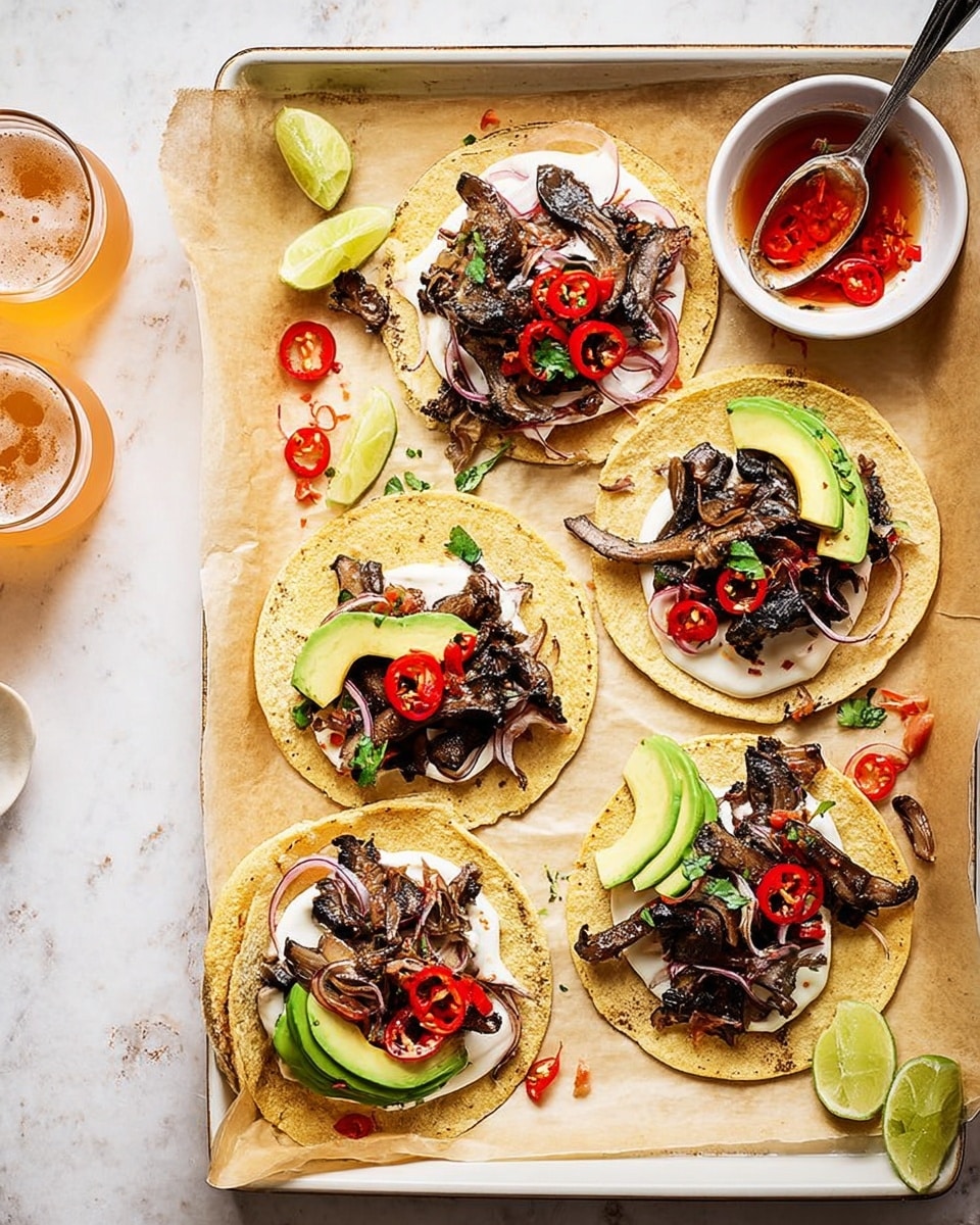 The image shows five soft corn tortillas, each layered with a base of white creamy sauce spread evenly, topped with dark brown grilled mushrooms and caramelized red onions. Each tortilla is garnished with bright green avocado slices and scattered red chili pepper rings, creating a striking contrast of colors. The tortillas are arranged on a white tray lined with brown parchment paper, with lime wedges placed between some of the tacos. In the top right, a white bowl holds red chili slices in liquid, with a spoon resting inside. The background is a white marbled surface, and a glass of light amber beer is placed on the lower left side. Photo taken with an iphone --ar 4:5 --v 7