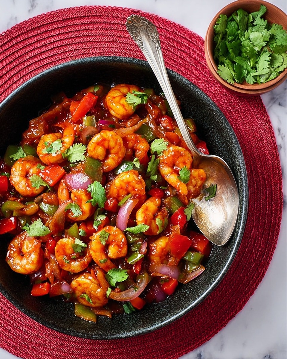A black bowl filled with a vibrant shrimp stir-fry showing about three layers: a base of reddish-orange sauced shrimp, mixed with chunks of bright green and red bell peppers and purple-red onions, all coated in a shiny glaze. Fresh green cilantro leaves are scattered on top as the final layer. A silver spoon rests inside the bowl, and to the side is a small beige bowl with fresh cilantro leaves. The dish sits on a red textured round mat over a white marbled surface. Photo taken with an iphone --ar 4:5 --v 7