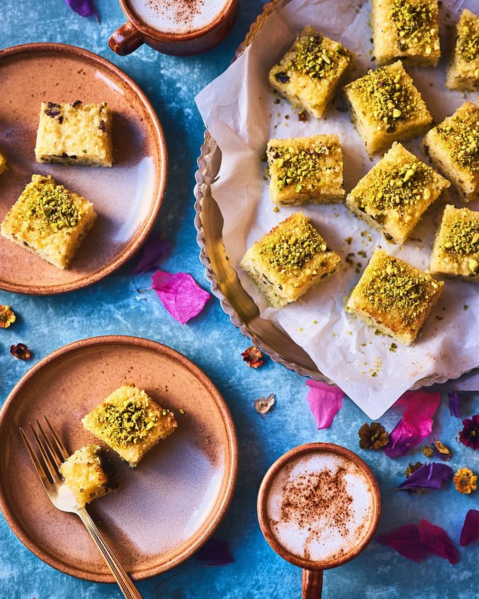 The image shows small square pieces of a light yellow sweet topped with chopped green nuts, arranged on two rustic light brown plates, each containing three pieces. There is a gold fork on each plate, with one fork holding a piece of the sweet. At the top right, there is a white parchment-lined tray filled with more of these small sweet squares. Around the plates, there are two cups of frothy coffee dusted with brown spice, resting on matching light brown saucers. The surface under everything is a white marbled texture with blue and purple paper decorations scattered nearby. Photo taken with an iphone --ar 4:5 --v 7