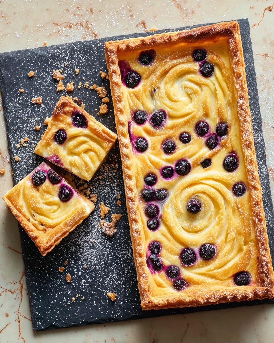 A rectangular tart with a golden-brown puff pastry crust that is raised around the edges sits on a dark stone board placed on a white marbled surface. Inside the crust, there is a creamy pale yellow filling swirled with a slightly darker yellow pattern and dotted with numerous small dark purple blueberries scattered evenly across the surface. Two square slices have been cut from the tart and are placed near the top left corner, showing the flaky layers of the pastry crust and creamy filling inside. Light dusting of powdered sugar is sprinkled lightly over the tart, adding a delicate touch. Photo taken with an iphone --ar 4:5 --v 7