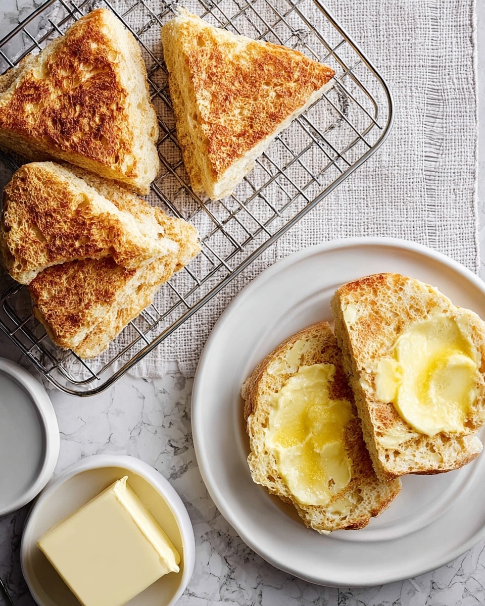 The image shows three triangle-shaped pieces of lightly browned, textured bread placed on a round metal cooling rack to the left. To the right, two halves of a similar bread are open on a white round plate, each spread with a layer of melted butter in a soft yellow color. Below the plate, there is a white butter dish holding a block of smooth, pale yellow butter with the lid set to the side. The items are arranged on a white marbled texture surface with a light gray patterned cloth partially visible. photo taken with an iphone --ar 4:5 --v 7