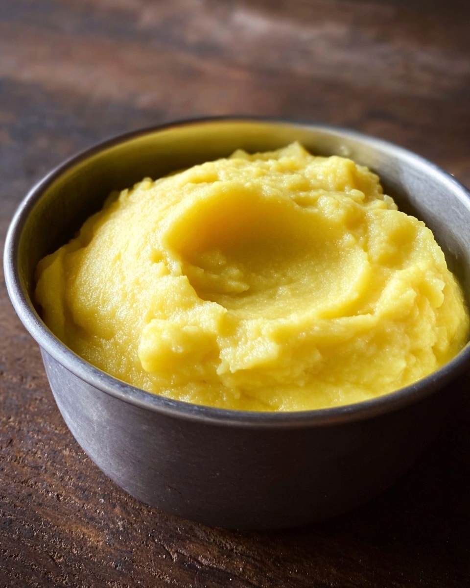 A close-up image of a single metal bowl filled with a smooth, thick, bright yellow paste that has a slightly grainy texture and some soft, uneven peaks on top. The metal bowl has a matte finish and is circular, placed on a dark wooden surface that is out of focus. The paste fills the bowl almost to the top, with a small dip in the center showing the creamy consistency clearly. photo taken with an iphone --ar 4:5 --v 7