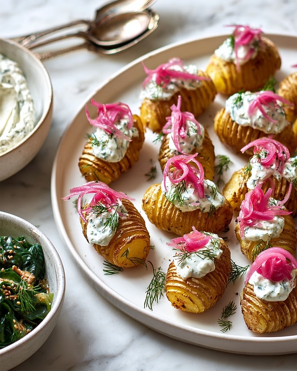 This image shows a white plate filled with small, golden-brown Hasselback potatoes that have thin slices across the top, creating a textured layered look. Each potato is topped with a dollop of creamy white sauce mixed with green herbs, giving it a slightly speckled texture. On top of the sauce, there are thin, bright pink pickled onion slices arranged in a curved shape and small sprigs of fresh green dill scattered over each potato. The plate is set on a white marbled surface with a vintage silver fork and spoon visible in the top left corner. Near the bottom left, there is a white bowl with a creamy light-colored dip and some cooked greens on top. photo taken with an iphone --ar 4:5 --v 7