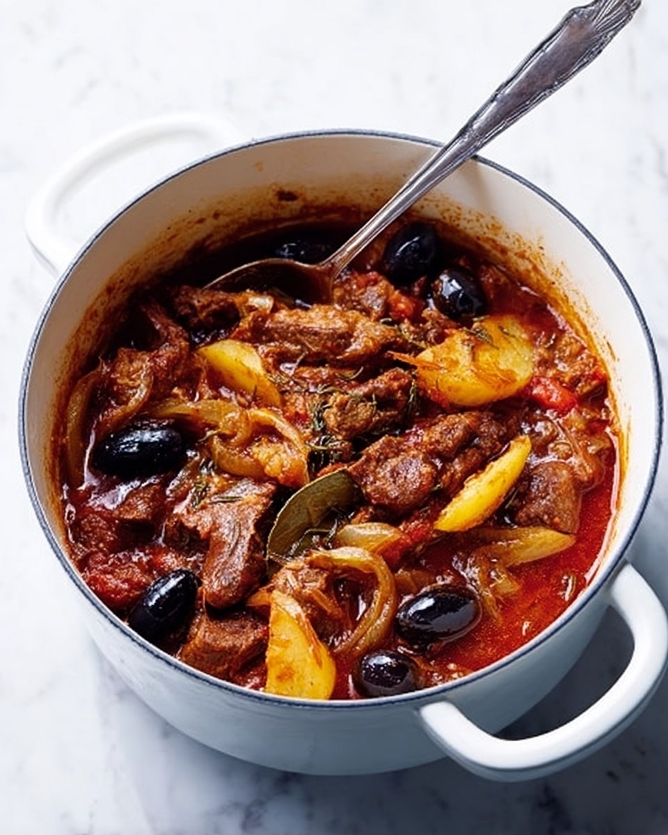 A white pot filled with a rich, chunky stew made of reddish-brown sauce, thick meat strips, and slices of onions that are soft and golden yellow, mixed with black olives scattered inside. The sauce looks thick and shiny, coating the meat and vegetables well. The spoon with a white handle rests inside the pot, partly dipped into the stew. The pot is sitting on a white marbled surface. Photo taken with an iphone --ar 4:5 --v 7