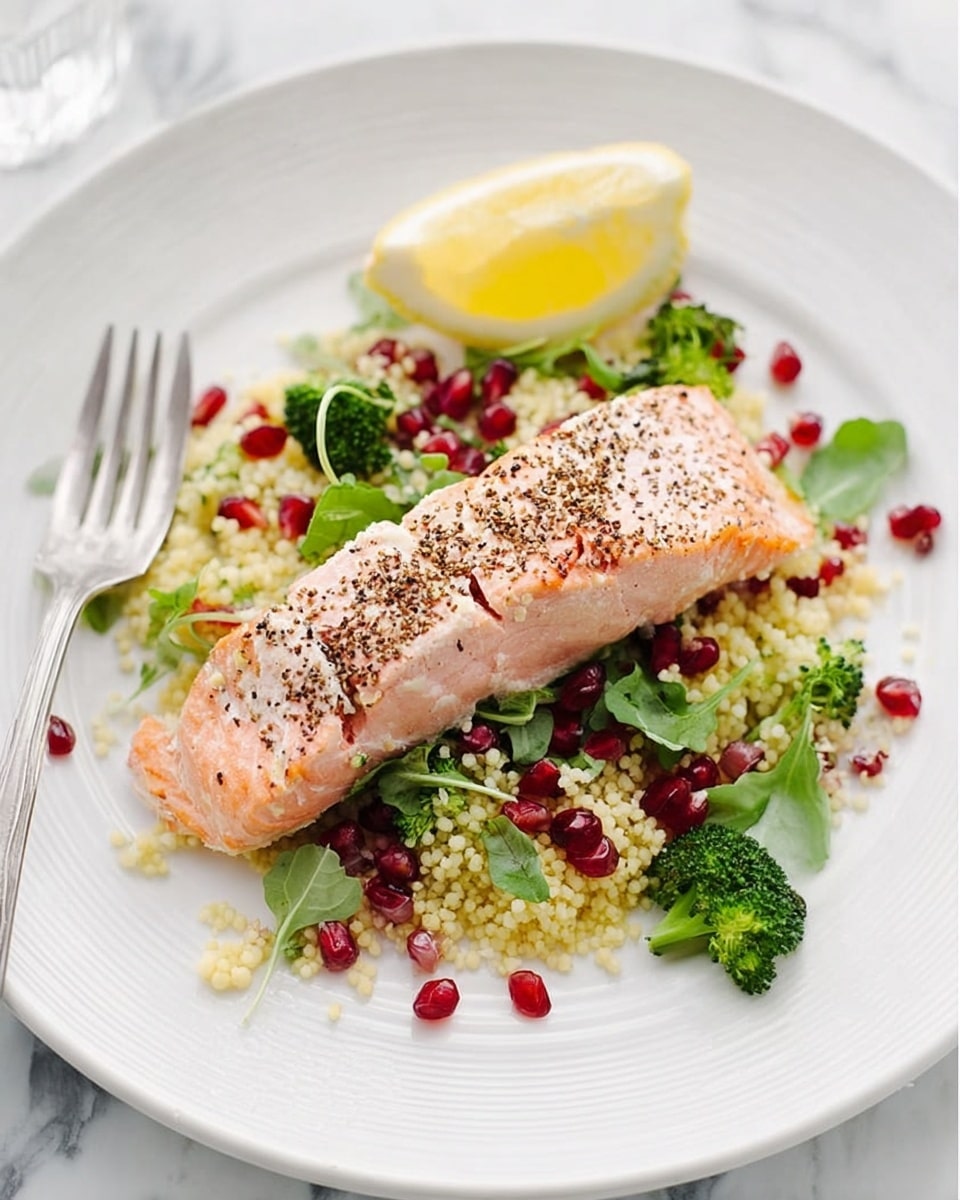 A white plate holds a cooked salmon fillet with light pink color and a topping of cracked black pepper, placed slightly off-center. Beneath and around the salmon, there is a bed of small, pale yellow couscous mixed with bright green broccoli florets, fresh green leaves, and scattered red pomegranate seeds, adding small pops of color. A lemon wedge with pale yellow flesh is positioned near the top edge of the plate. The plate is set on a white marbled surface, with a silver fork resting to the left of the salmon. Photo taken with an iphone --ar 4:5 --v 7