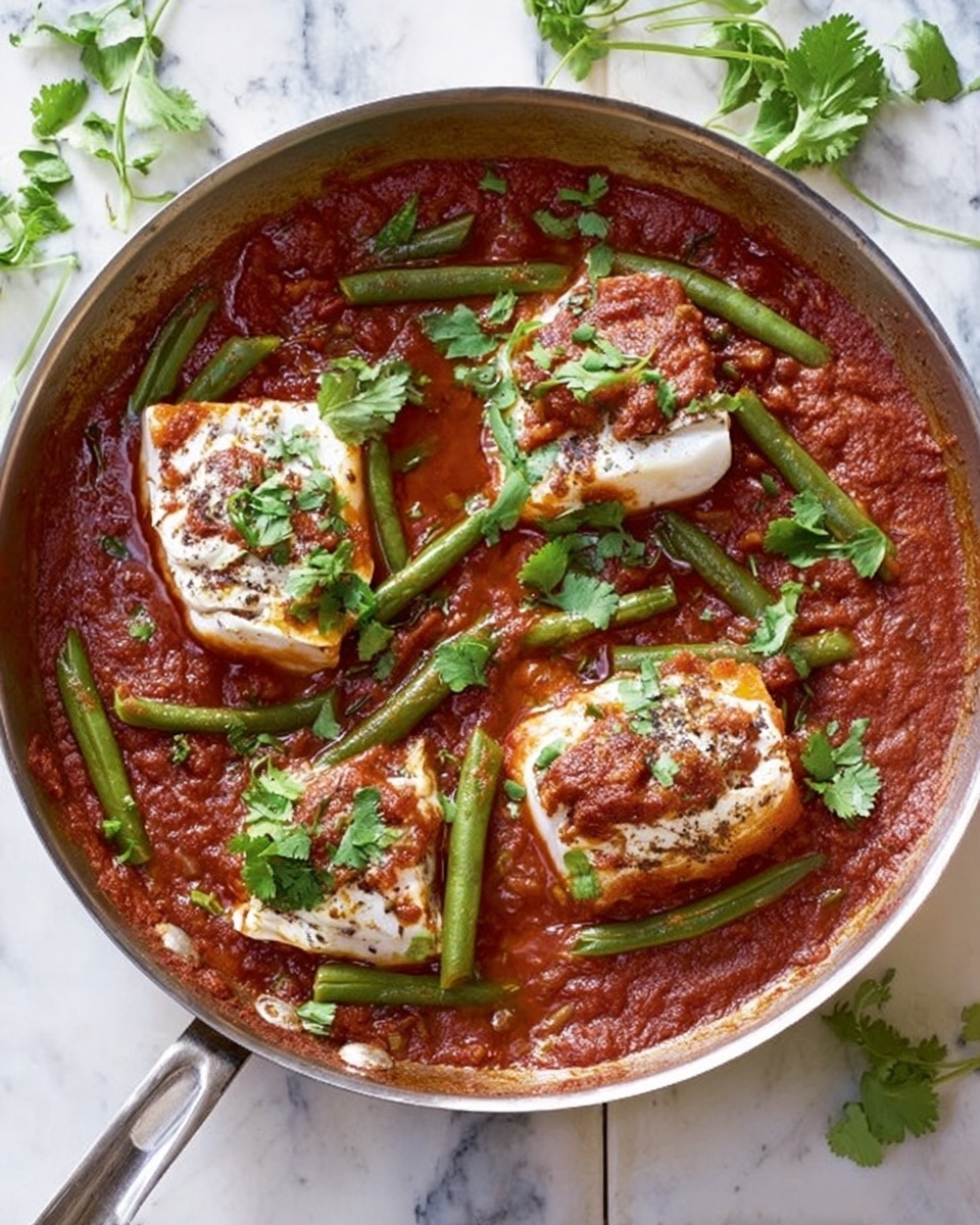 A silver frying pan placed on a white marbled surface is filled with a rich red tomato-based sauce, studded with whole green chilies and garnished with fresh green cilantro leaves. Three round, white slices of paneer sit on top, each coated partially with the sauce and sprinkled lightly with black pepper. The sauce has a chunky texture with visible pieces of tomato and herbs throughout. Some cilantro leaves are also scattered around the pan on the surface. Photo taken with an iphone --ar 4:5 --v 7