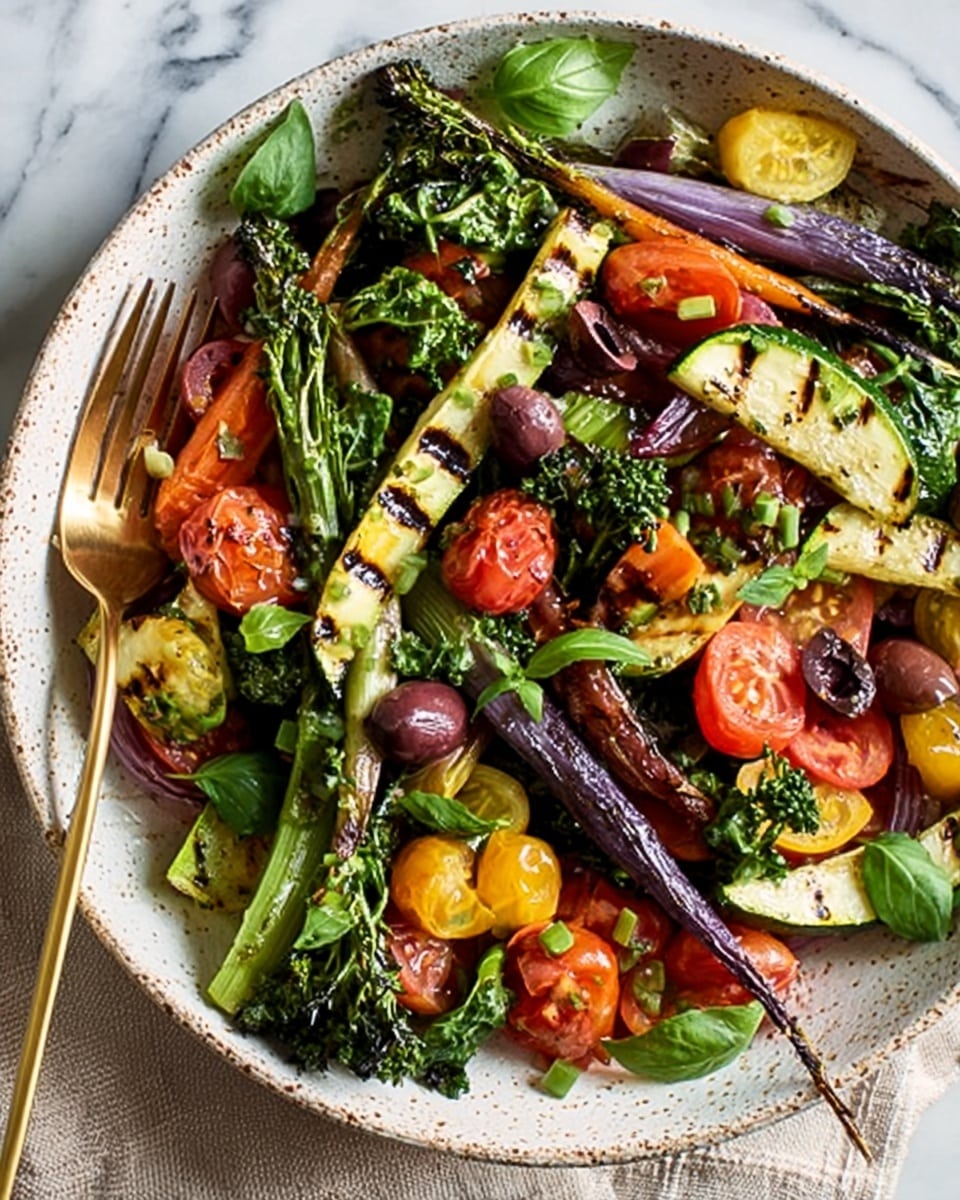 A white bowl filled with a colorful salad made of several layers and textures: grilled dark green broccolini with a slightly charred look stands out alongside thinly sliced pale green zucchini ribbons with grill marks, bright red and orange cherry tomato halves scattered evenly, chopped fresh green basil leaves, thinly sliced green onions, and black olive slices placed throughout. Orange and yellow carrot sticks add a fresh crunch, while a fork and a spoon rest on the right side of the bowl. The bowl sits on a white marbled textured surface with a light cloth underneath. photo taken with an iphone --ar 4:5 --v 7